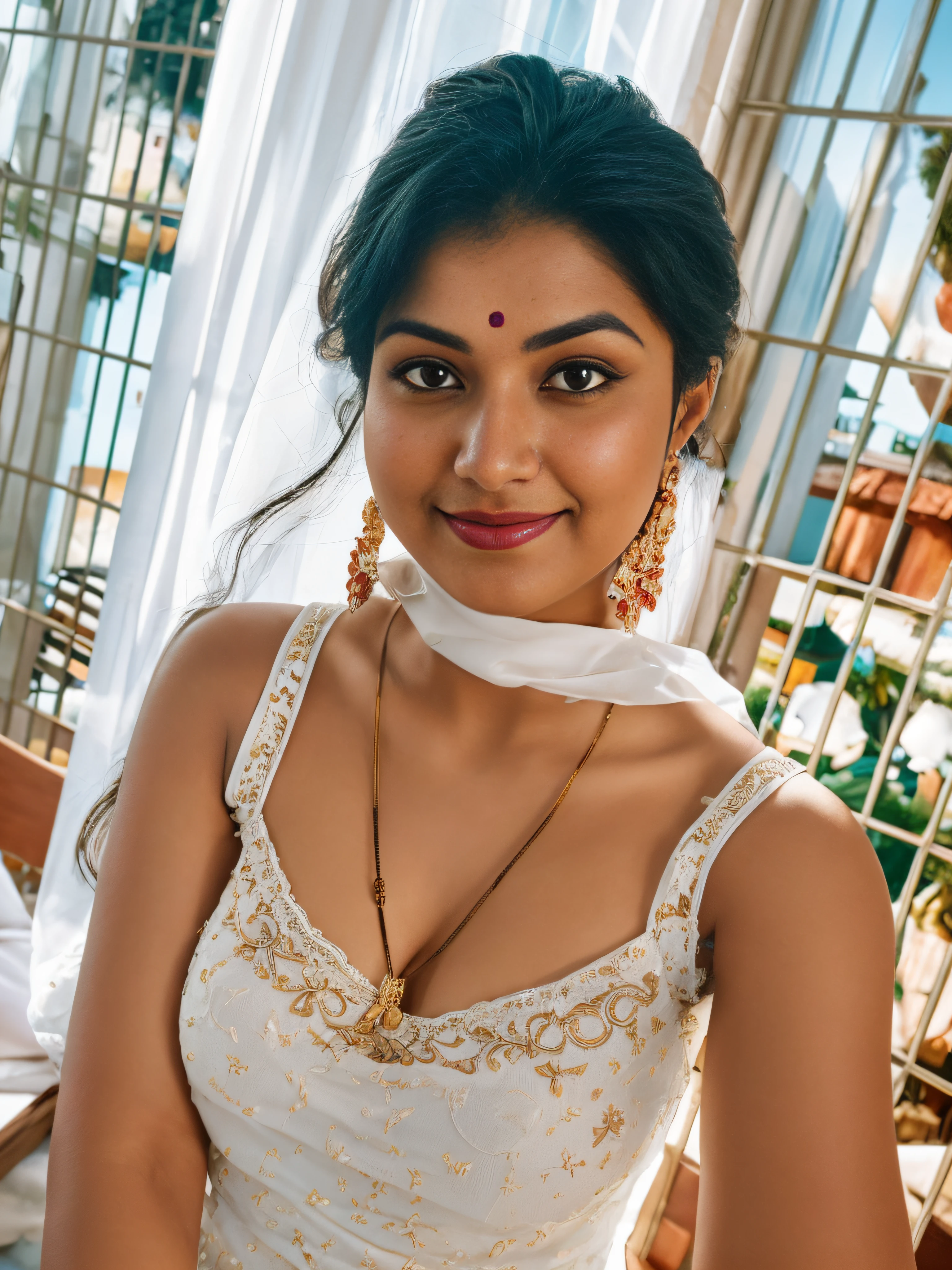 (editorial photograph of a young indian women in closup shoot of vedika), karla ortiz, (highly detailed face:1.4) (smile:0.7) (backround 5 star hotel , moody, private study:1.3) POV, by lee jeffries, nikon d850, film stock photograph ,4 kodak portra 400 ,camera f1.6 lens ,rich colors ,hyper realistic ,lifelike texture, earing white dress with red border, dramatic lighting , cinestill 800, realistic,  seductive big boobs actress, karla ortiz, posing!!, candid picture, by Max Dauthendey,