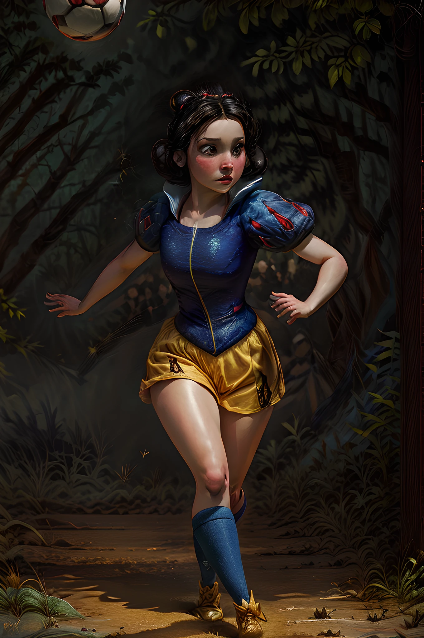 RPG art, fantasy art, a Disney Snow White is playing soccer, SnowPrincessw rhe wears blue and yellow uniform, black hair, hair in  a bun, she has the ball and runs towards the goal, modern soccer stadium background