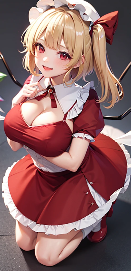 best quality, ultra high res, 1girl, solo, flandre scarlet, white soft hat, red hat bow, blonde hair, side ponytail, red eyes, shiny eyes, fang, red vest, short sleeves, puffy sleeves, yellow ascot, red frilled skirt, (crystal wings:1.2), bobby socks, mary janes, red shoes, laughing, ((evil smile)), looking at viewer, facing front, portrait, huge breasts, cleavage