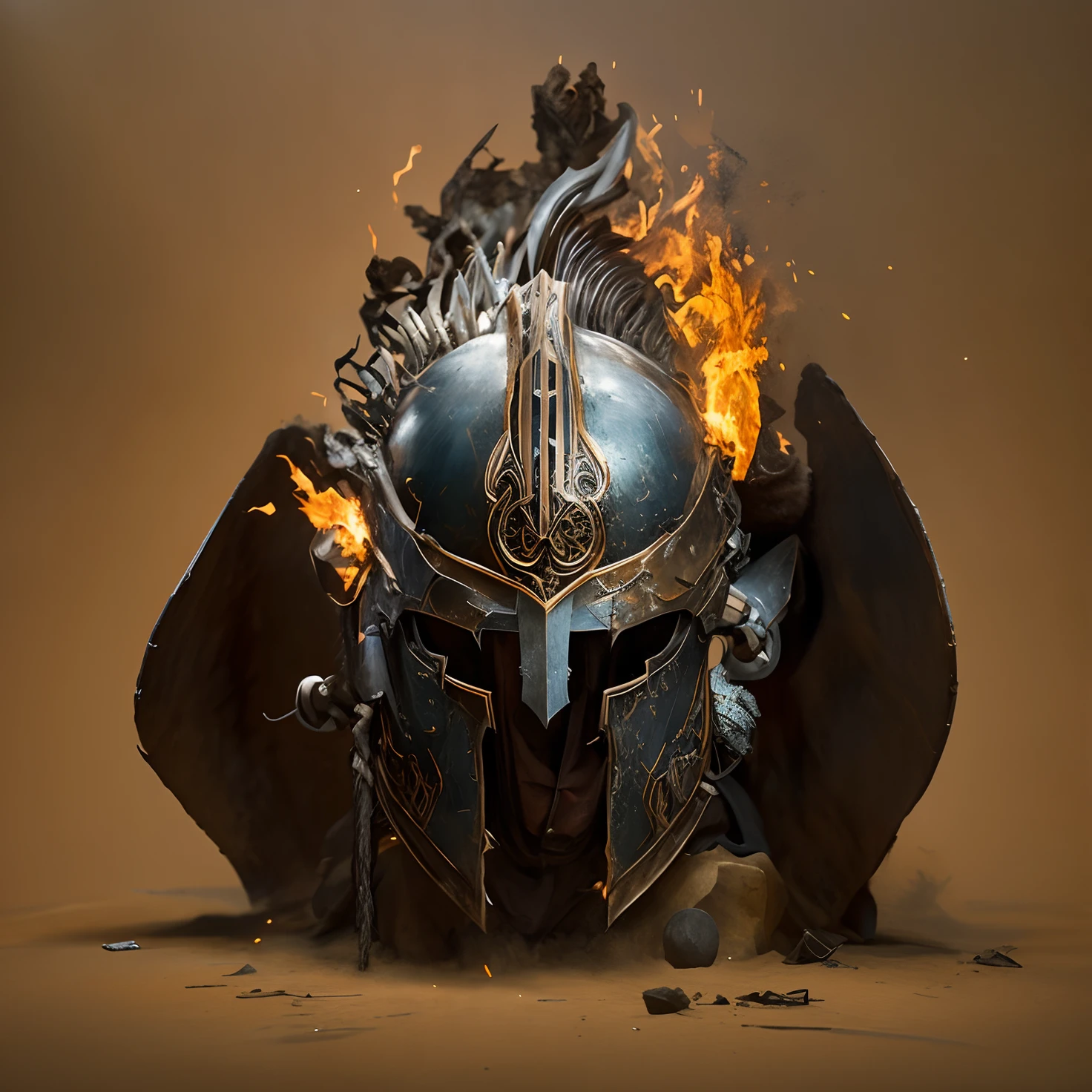 Un primer plano de un casco en llamas con un fondo negro, Guerrero eespartanoo, espartano, Rabia eespartanoa, casco de hierro, Vestido con armadura eespartanoa, Armadura eespartanoa, Casco detallado, Ares, RUDDER, (Fuego), Llevar casco adornado, Guerra de Troya, por Roman Bezpalkiv, Iron Rudder, para el arte conceptual del personaje de honor, sepal helmet, Armadura quemada