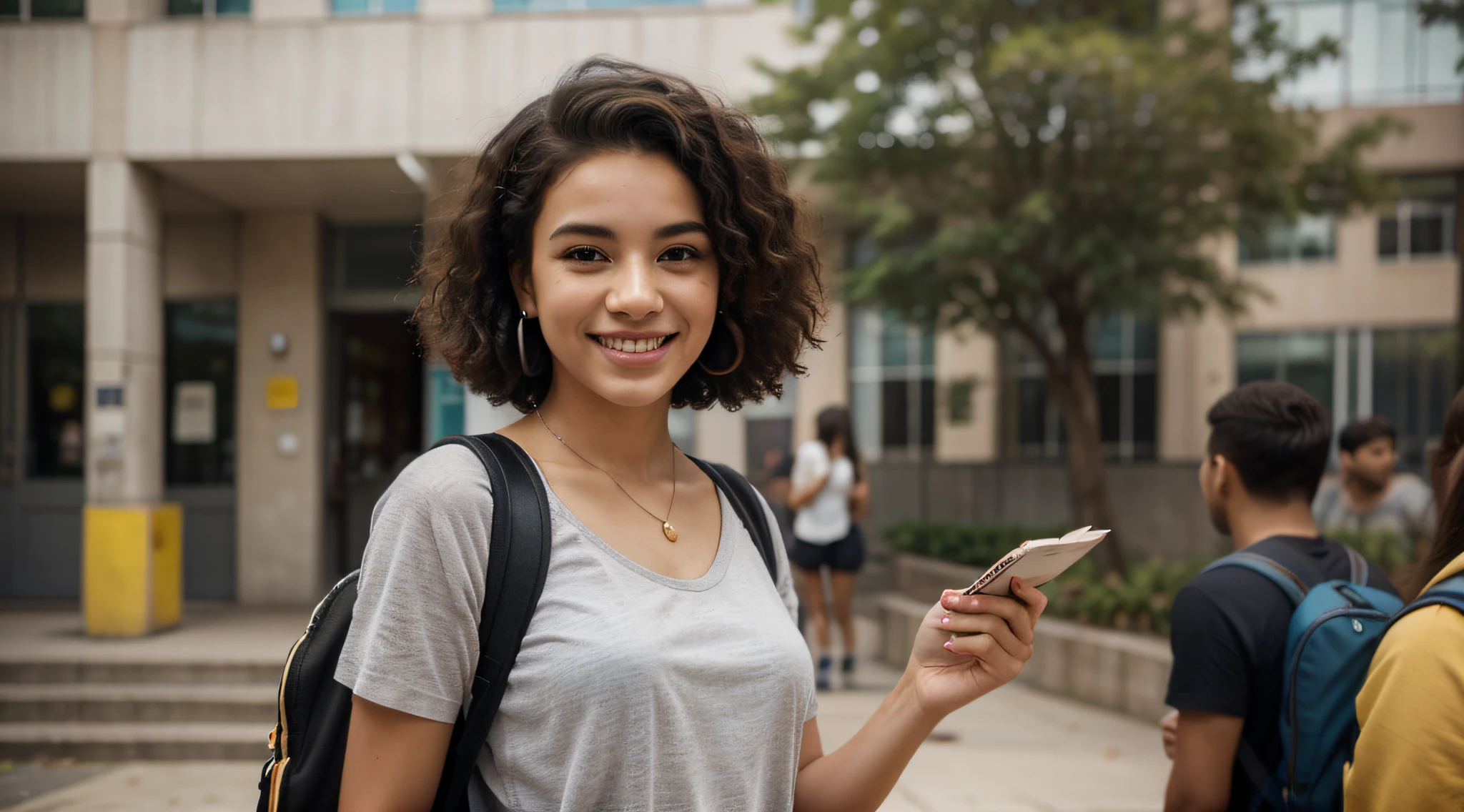Generate an image of a Brazilian student happily strolling through a busy university campus. she is tall and slender, com um penteado afro marcante que exala um senso de individualidade. Her captivating light brown eyes sparkle with determination and curiosity.

She's dressed in a loose, blusa verde, uma cor que complementa seu sorriso radiante. She wears a practical student backpack on her back, symbolizing your academic dedication. Enquanto ela caminha, She carries a stack of graphite-covered books in one hand, showcasing your passion for literature, And she holds a modern set of wireless earbuds around her neck.

This distinguished student embodies the spirit of a cheerful, Estudante apaixonada por livros com seu penteado afro, as you confidently navigate the lively atmosphere of the university campus.