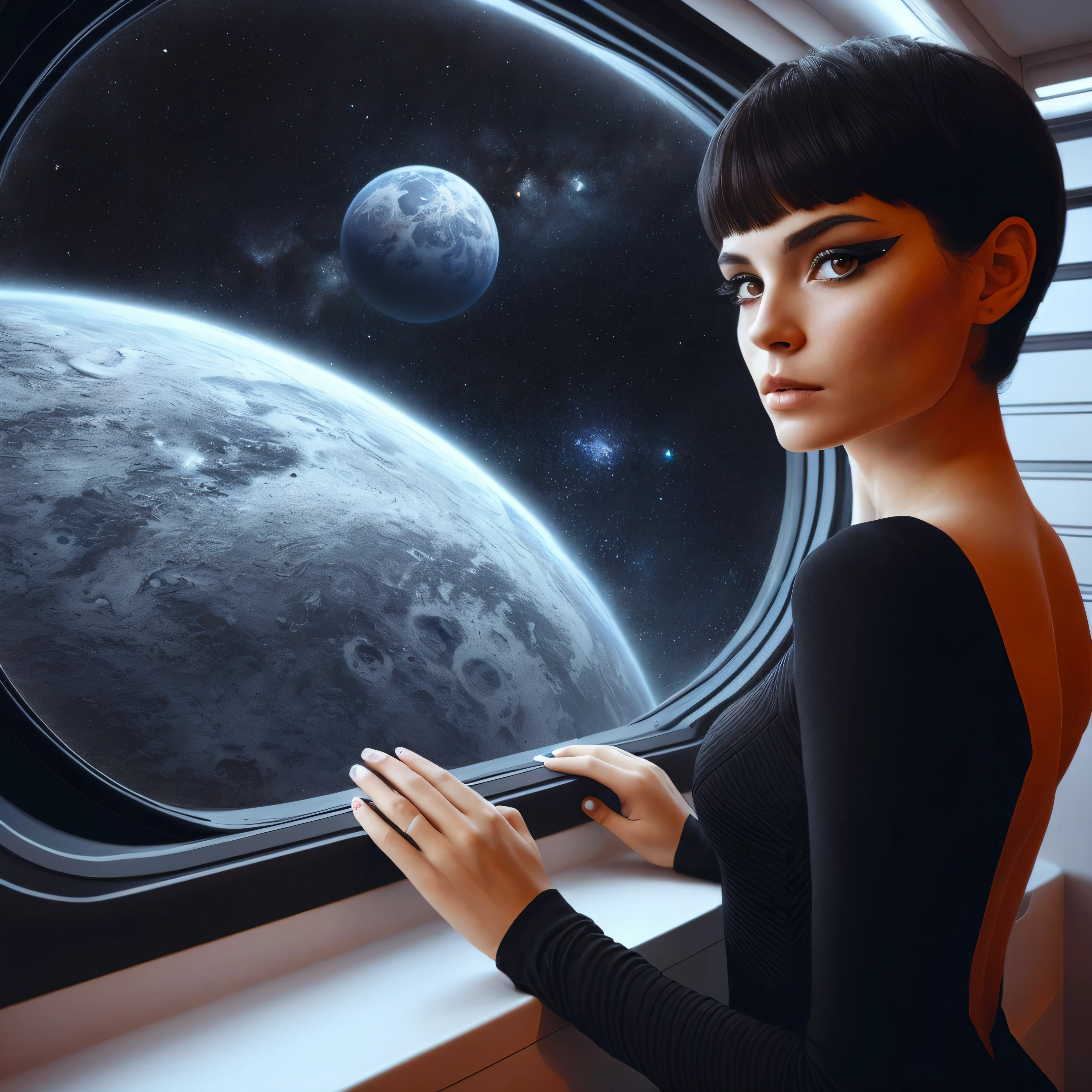 arafed woman looking out of a window at a planet, girl in space, looking out into space, girl looks at the space, portrait beautiful sci - fi girl, powerful woman sitting in space, scifi woman, portrait of a sci - fi woman, beautiful digital artwork, art deco of a space woman, by Wayne England, of space travel, floating beside planets
