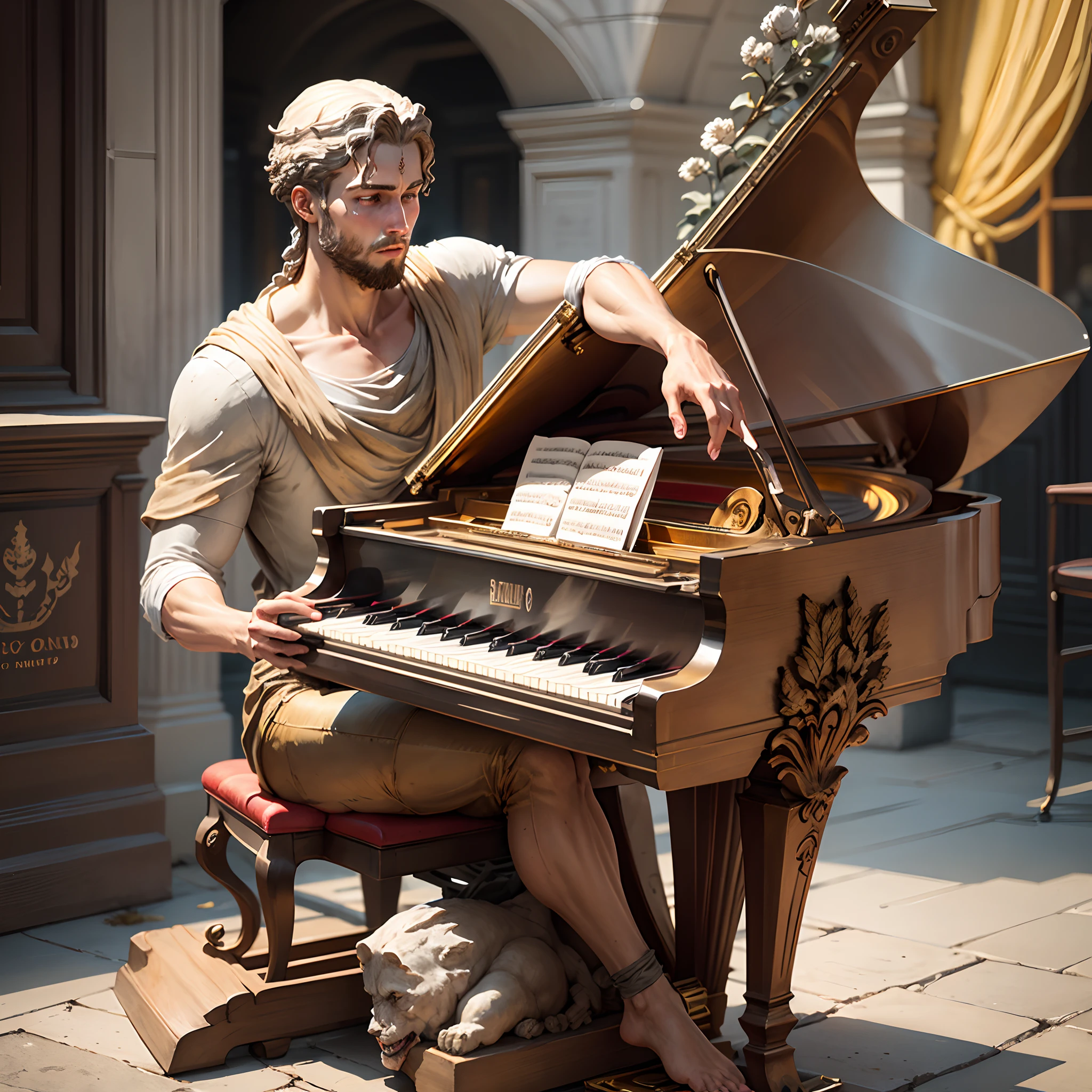 A realistic roman statue playing piano in a pianobar