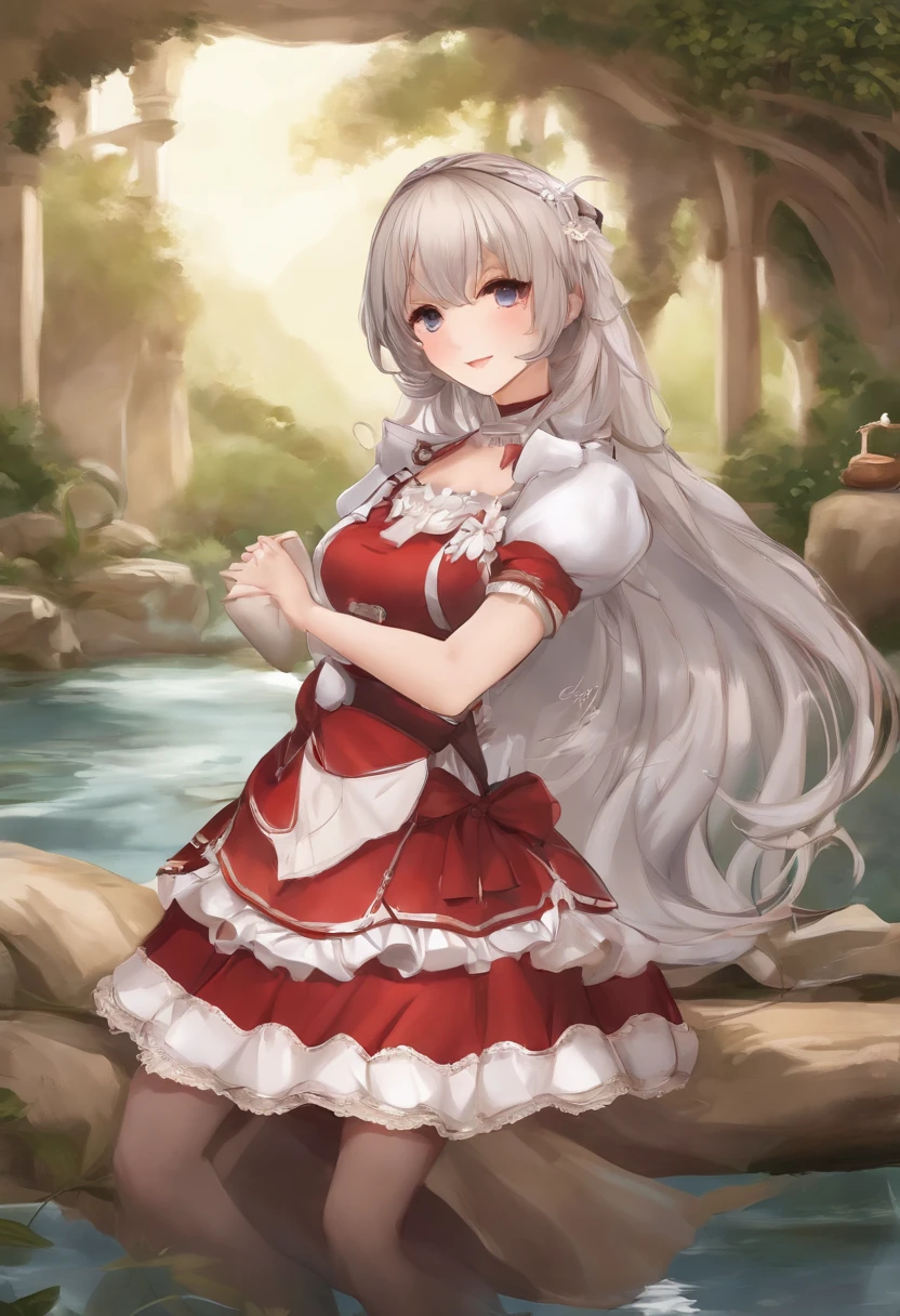 masterpiece, best quality, highres, 1girl hair ribbon, maid headdress detached collar white apron clothing cutout midriff white thighhighs red skirt wrist cuffs highleg thigh strap garter straps <lora:hanazawa_nako:1> sitting, wading, outdoors, smile