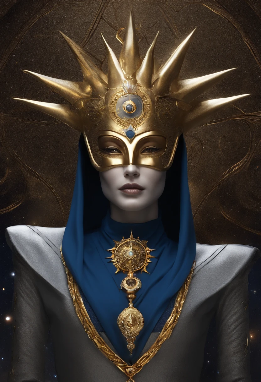 A Tall Grey Style Alien, esguio, roupa branca com bordas cor de ouro, symbol of the Intergalactic Confederation, which is a golden circle with a 6-pointed star, Navi blue skin and golden crown with golden circle in the middle and 6-pointed star in the middle. blue with an elongated light head, olho, nariz pequeno, Corpo esguio