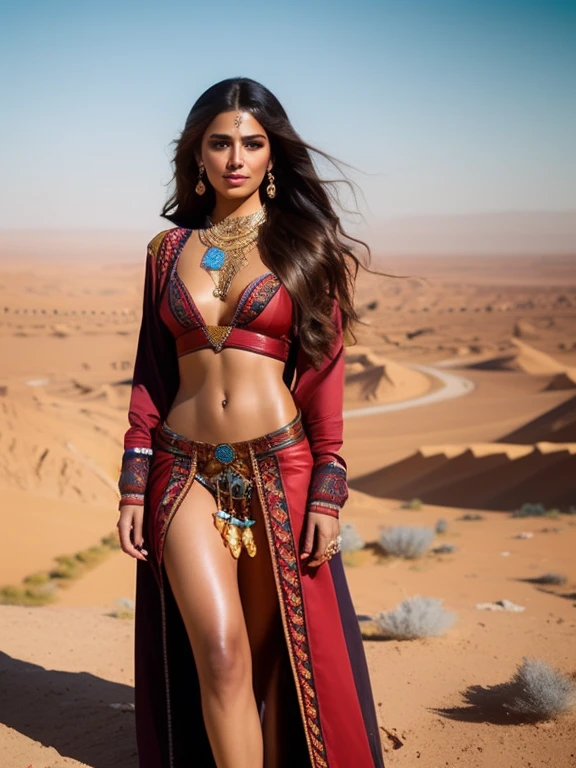 fking_scifi, fking_scifi_v2, portrait of a young, seductive, extremely beautiful and attractive Arabic woman, in front of a city in the desert, long messy hair, rich colorful clothes and golden jewelry, close up, regal pose and attitude. fking_cinema_v2.