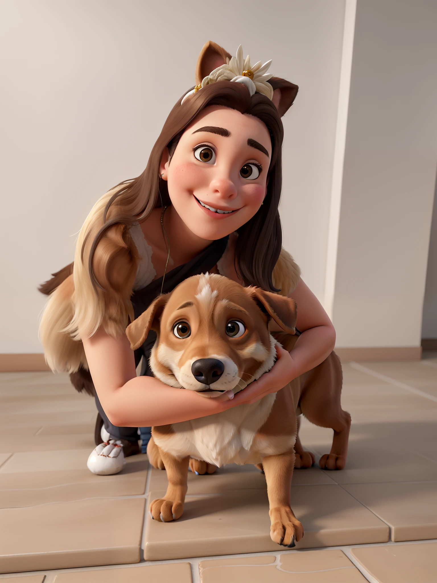 Obra-prima, de melhor qualidade, uma jovem mulher de cabelos castanhos acompanhada de seu cachorro