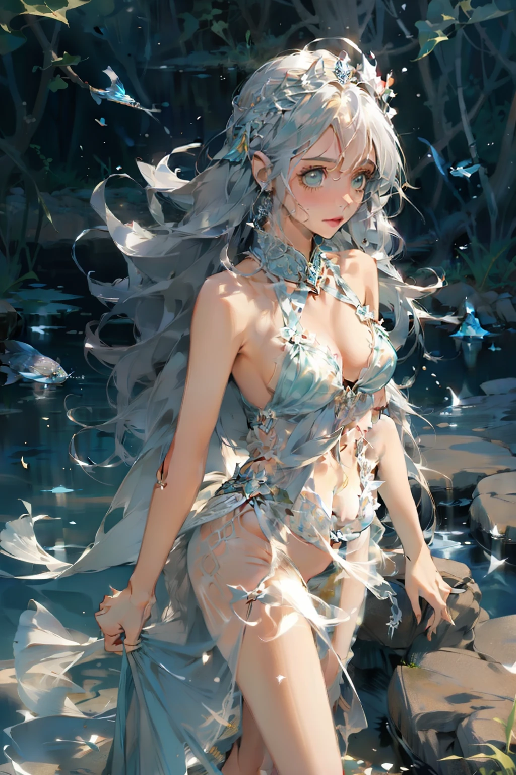 1 girl, adult, long silver hair, small breasts, quiet, water nymph, fish fins on head, transparent fish scales dress, river, mystical, fantasy