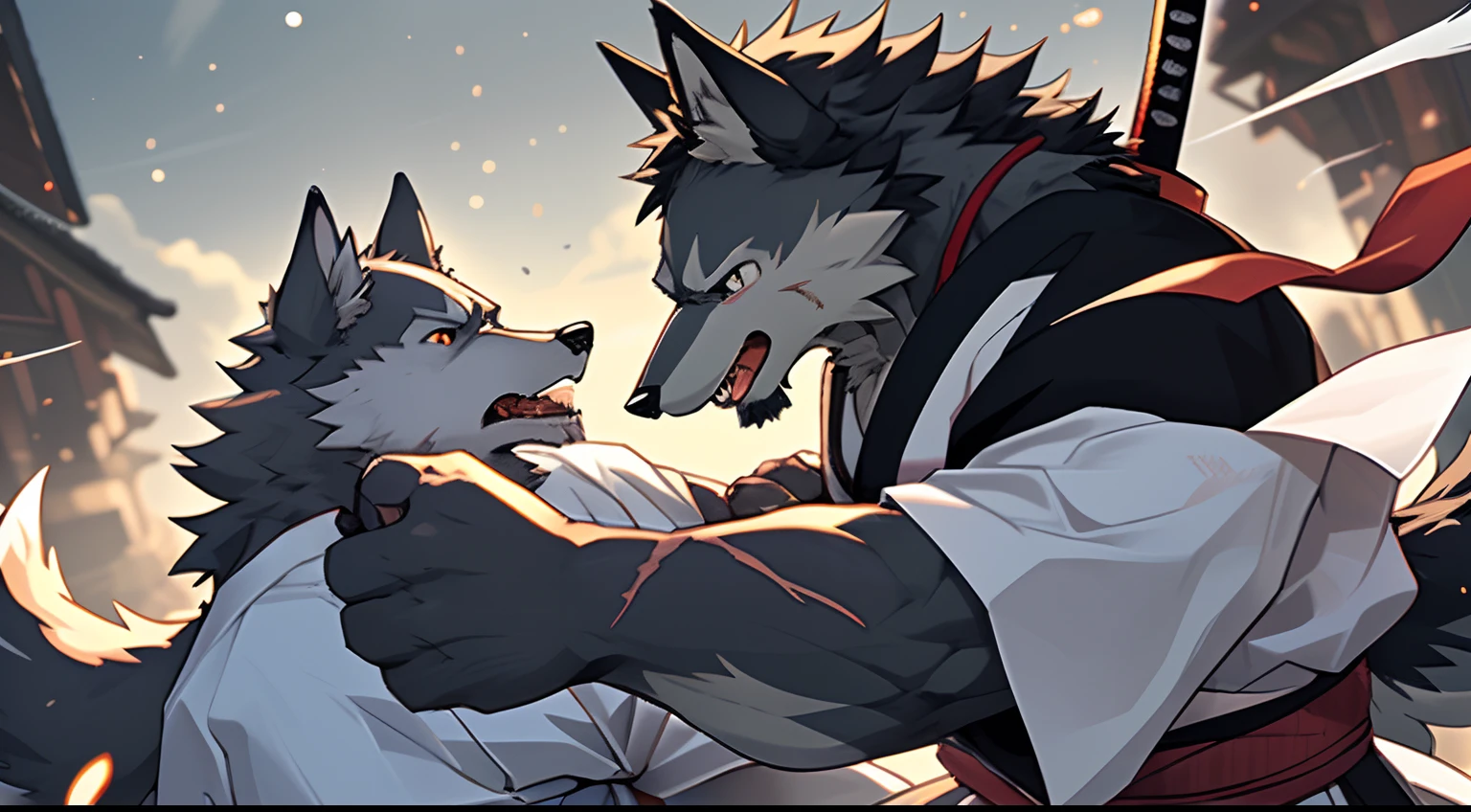 male, medium muscular, furry shirtless, ((samurai)), (fox), oragne fur, face tattoo, fluffy, suggestive, defeated expression, broken sword, wearing samurai uniform, sweating, action pose, nsfw, lewd, defeated, on floor in defeat, floor, ripped clothing, sheath exposed, sword broken, slight brusing, exhausted, pinned by larger man, magical, dominant male, lion, purple fur, magic powers, bright glowing eyes, after fight, pinning, correct anatomy, demonic, pinning down partner, close up shot, dynamic shot, soul, soul being eaten, devoured soul, soul leaving body
