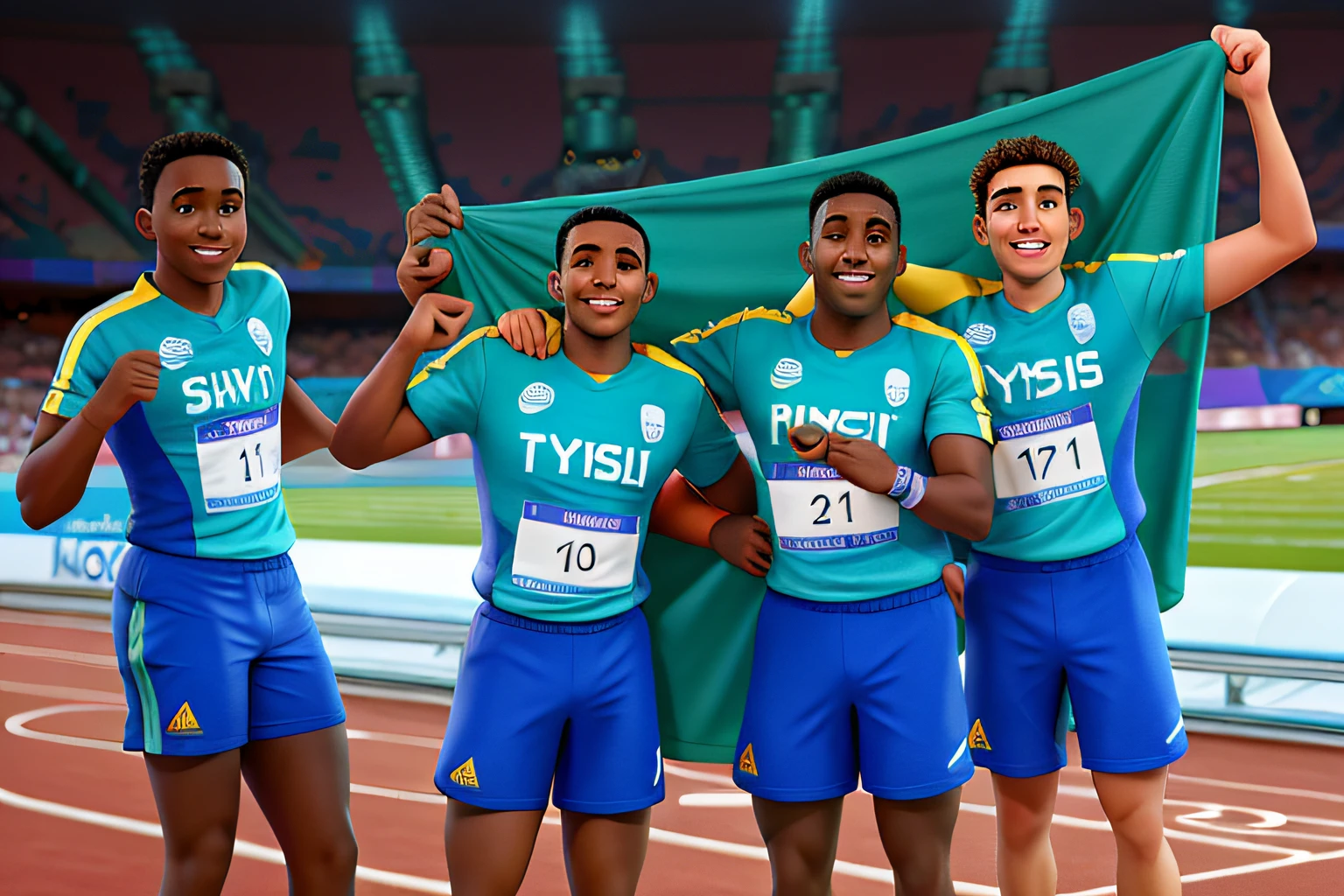 Athletes celebrating in a Pixar Disney Olympic stadium