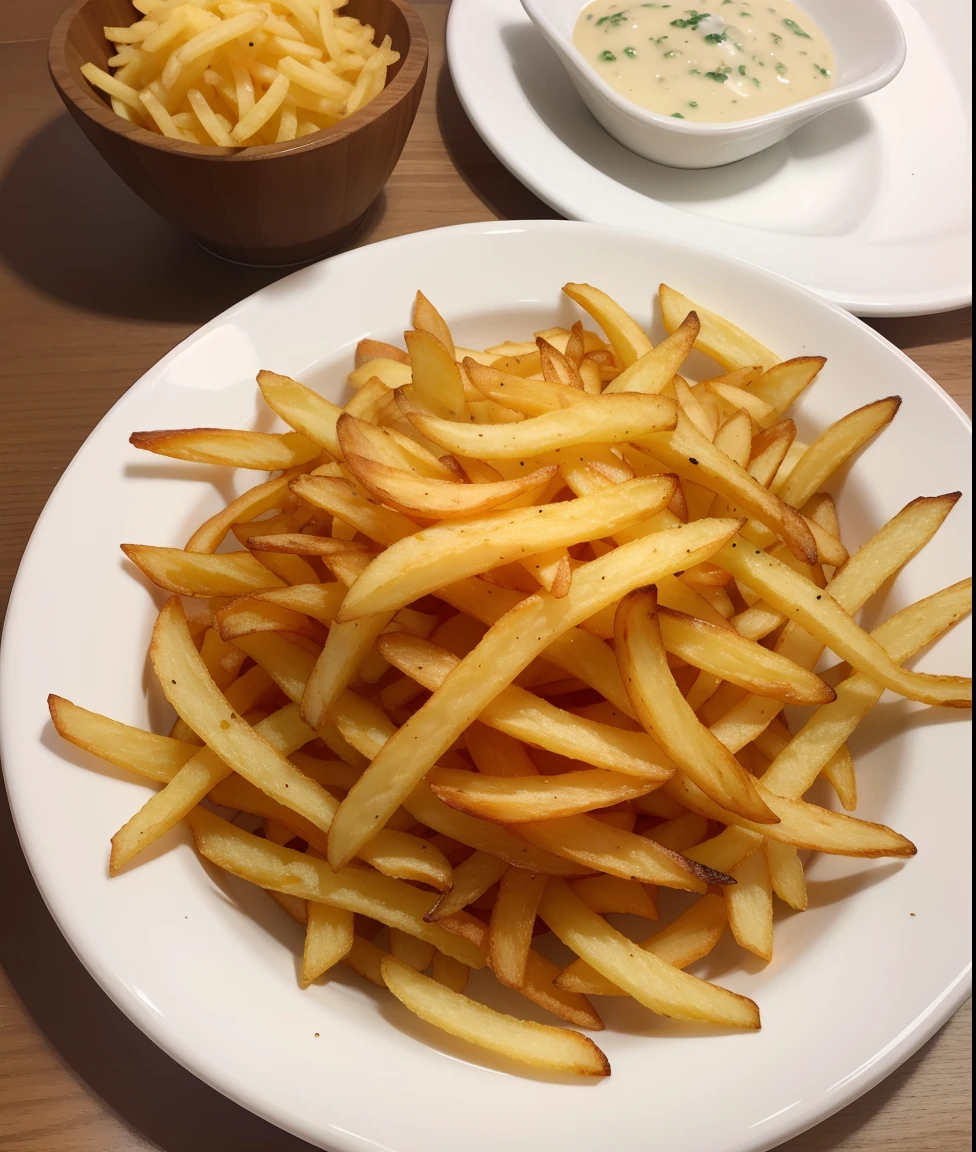 Papas fritas gruesas sobre un plato blanco