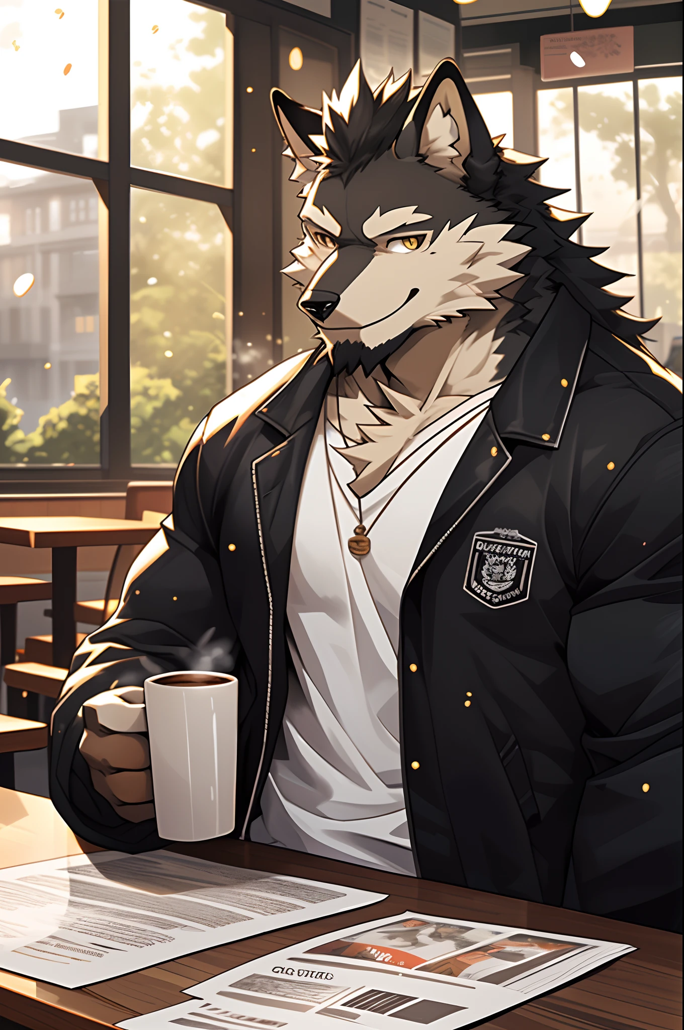 depth of field, perfect lighting, light particles,(best quality),(masterpiece),(ultra detailed),sharp focus,light particles, niji, eyesgod, black eye, looking_at_viewer, smile, solo, furry, animal_wolf_ear, light-yellow fur, brown fur, white beard, muscle, black jacket, white t-shirt, holding cup of coffee, holding and read a newspaper, upper body, sunlight, table, in the coffee shop, window, street
