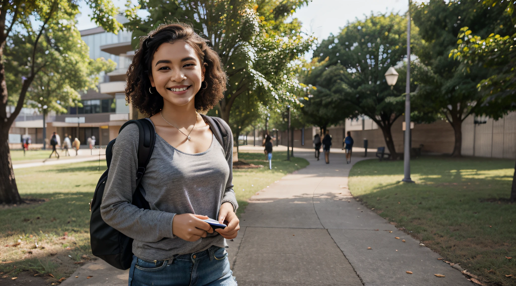 Generate an image of a Brazilian student happily strolling through a busy university campus. she is tall and slender, com um penteado afro marcante que exala um senso de individualidade. Her captivating light brown eyes sparkle with determination and curiosity.

She's dressed in a loose, blusa verde, uma cor que complementa seu sorriso radiante. She wears a practical student backpack on her back, symbolizing your academic dedication. Enquanto ela caminha, She carries a stack of graphite-covered books in one hand, showcasing your passion for literature, And she holds a modern set of wireless earbuds around her neck.

This distinguished student embodies the spirit of a cheerful, Estudante apaixonada por livros com seu penteado afro, as you confidently navigate the lively atmosphere of the university campus.