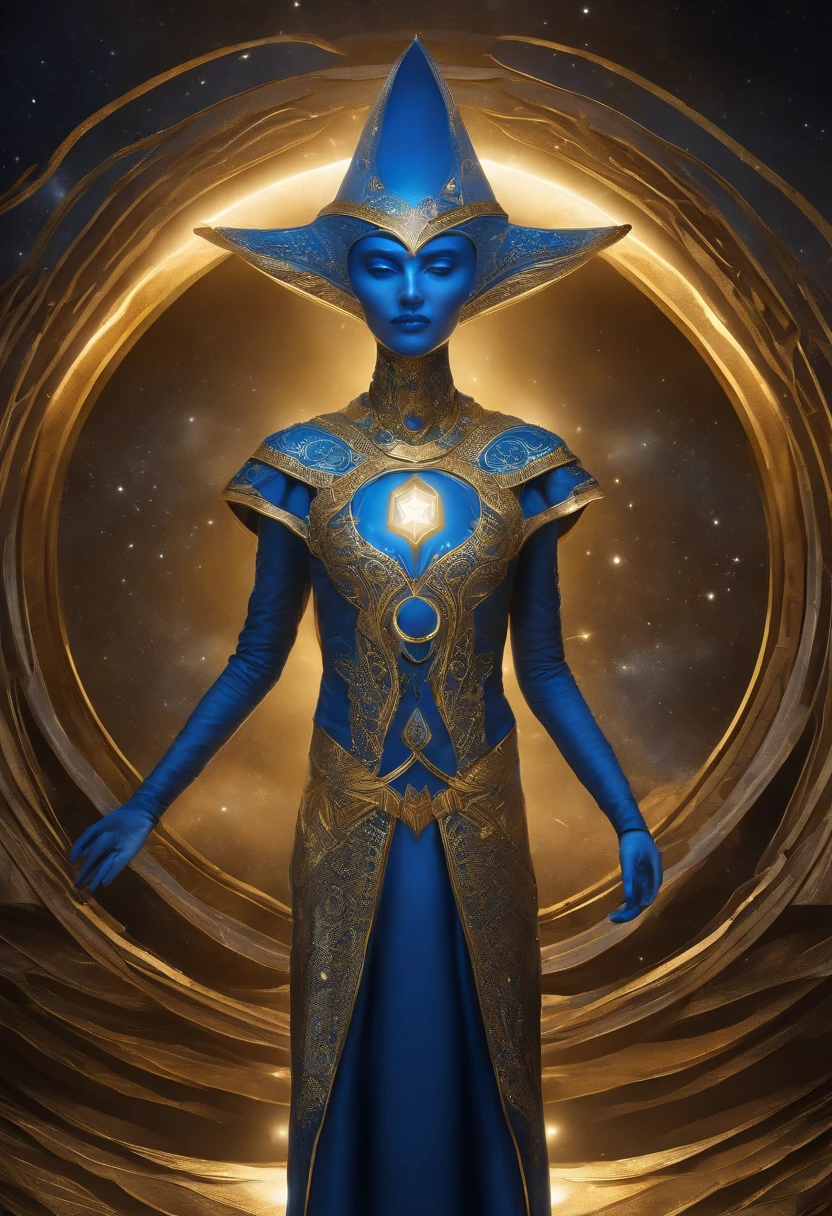 Slender Blue Ether-Grey Alien, roupa branca com bordas cor de ouro, symbol of the Intergalactic Confederation, which is a golden circle with a 6-pointed star, Navi blue skin and golden crown with golden circle in the middle and 6-pointed star in the middle.