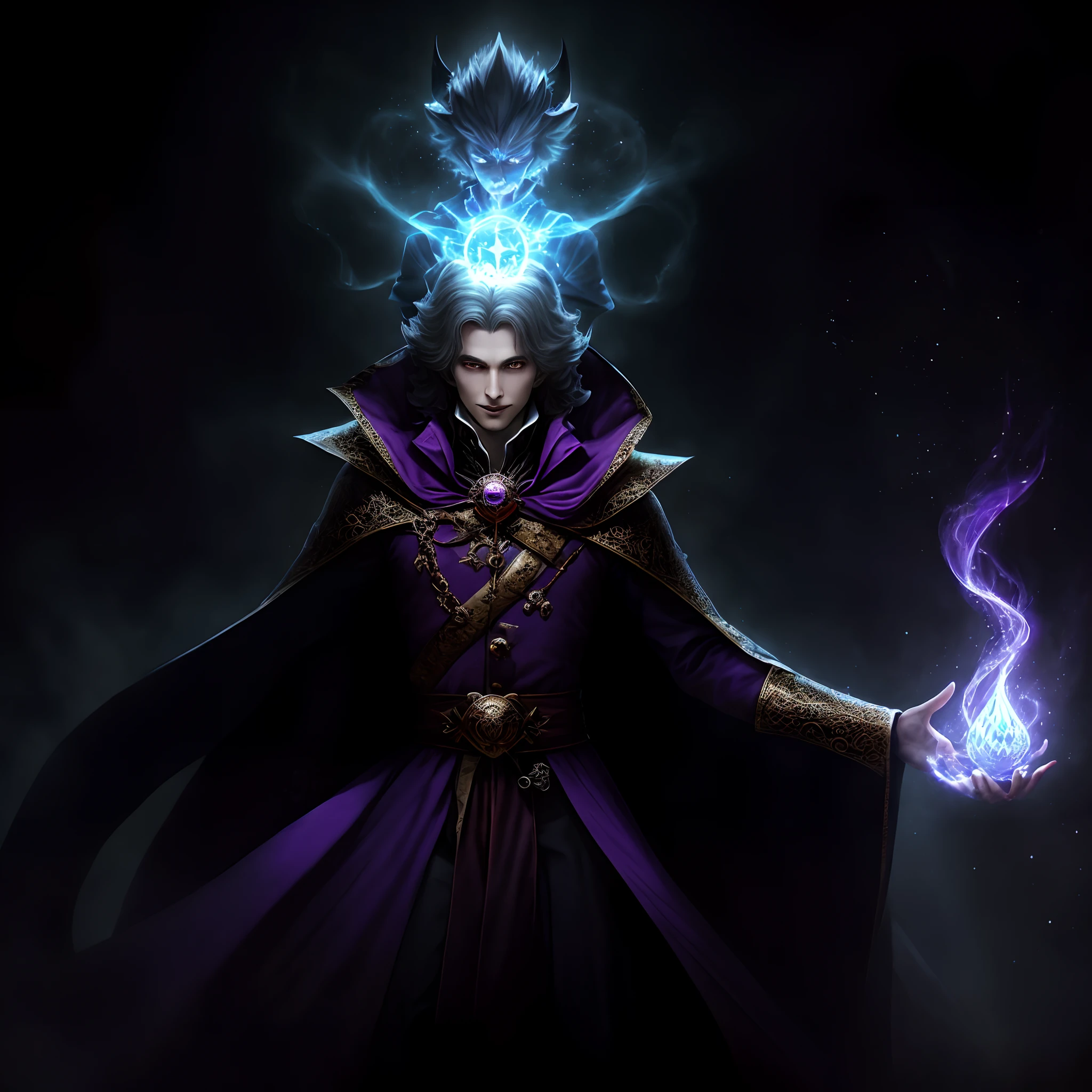 Headless scholar, his head is a blazing purple flame, the color of his scholar uniform is a mix of black purple and red