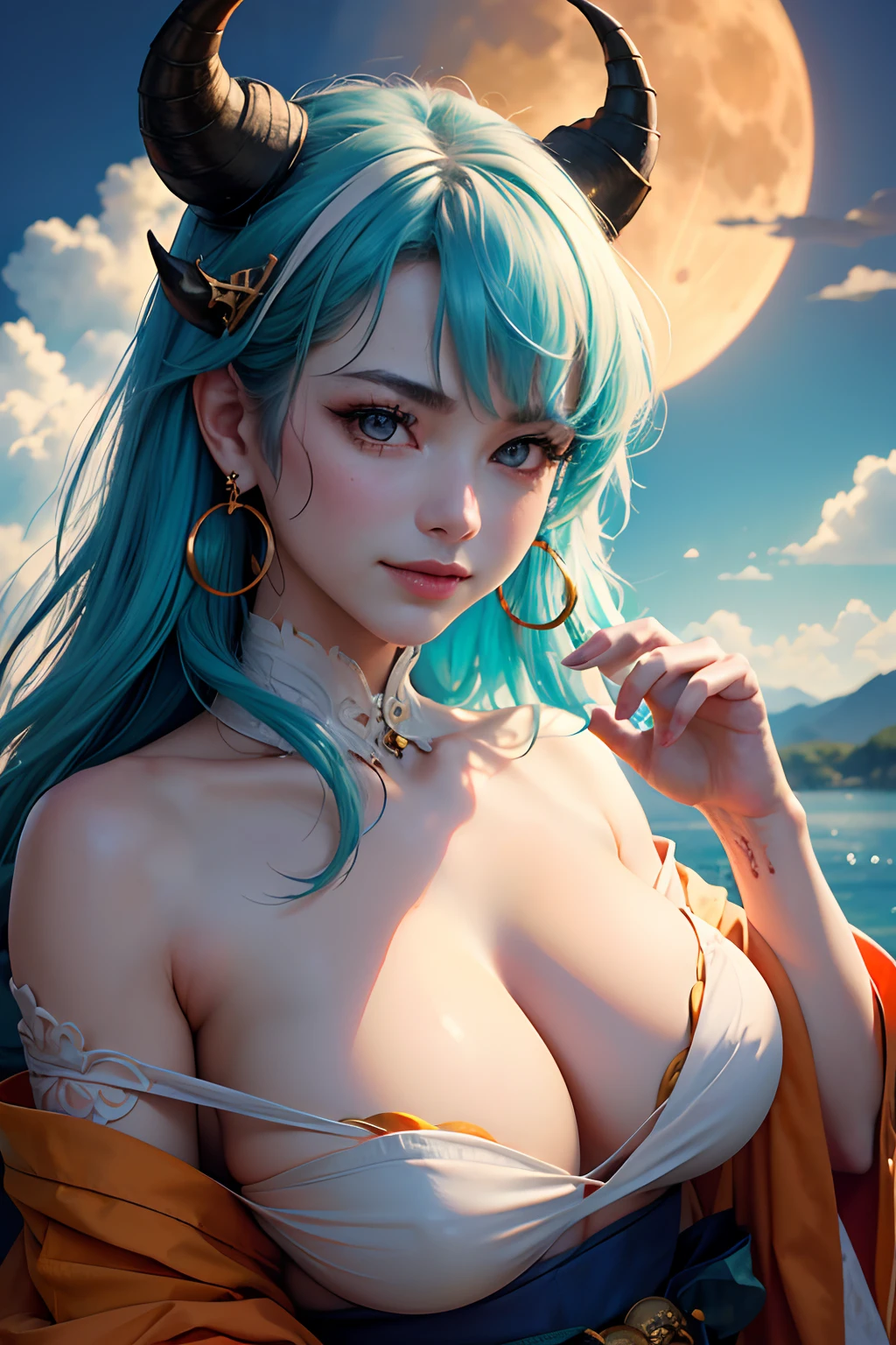 ultra realistic 8k cg, masterpiece, ((ultra detailed background, delicate pattern, intricate detail)), (highly detailed, fine details), best quality, (photorealistic:1.4),beautiful lighting, absurdres, RAW photo, film grain, ((Big breasts, Masculine girl)), Yamato, long hair, 1girl, horns, white hair, solo, oni, red horns, curled horns, hair ornament, (multicolored horns), jewelry, earrings, japanese clothes, kimono, hair stick, sleeveless, bare shoulders, aqua hair, sidelocks, hoop earrings, hakama, smile, wide smile, ((orange eyes, Masculine girl, Big breasts)), (complex detailed background, barren land, moon, portrait, close-up),