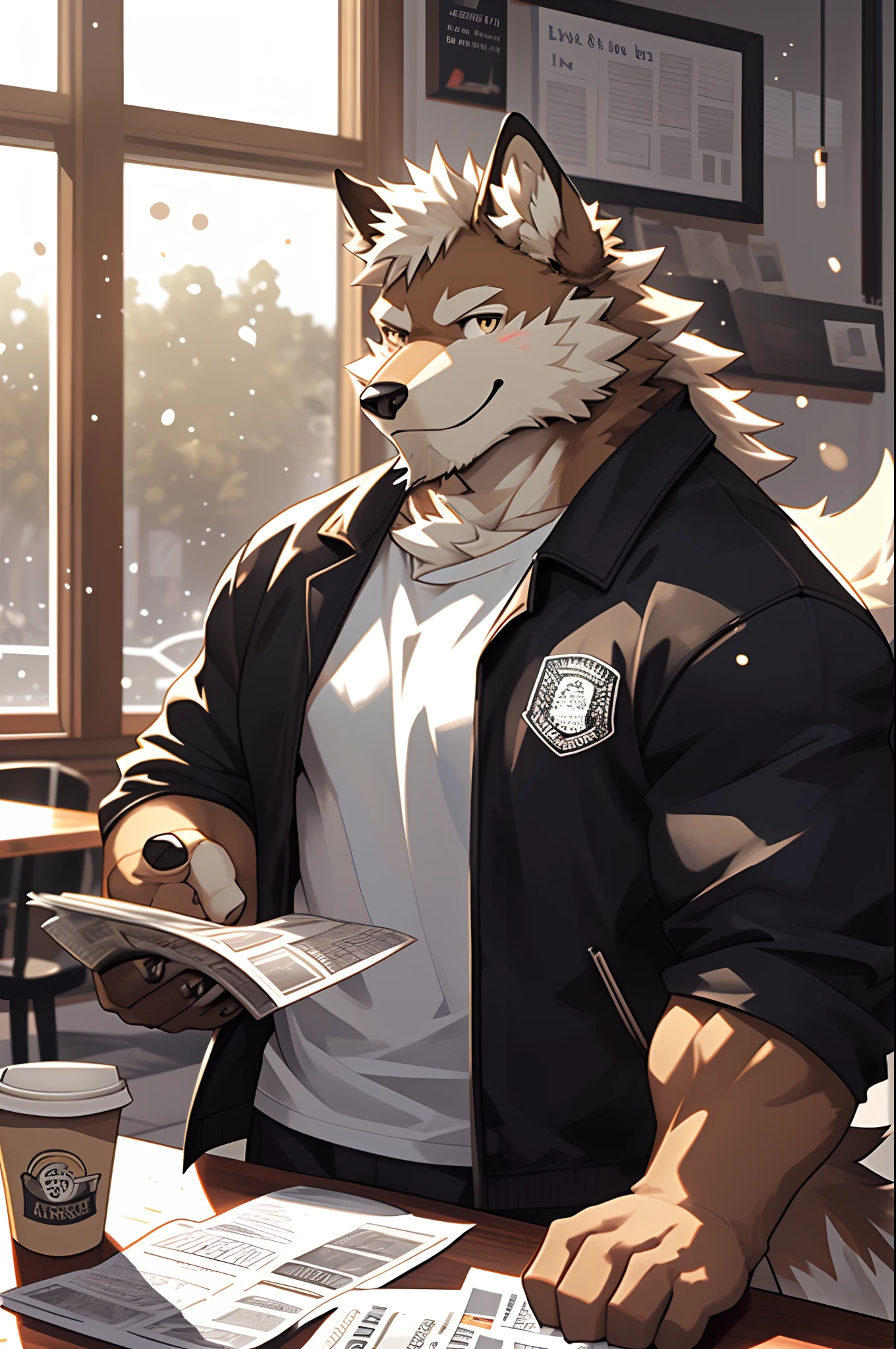 depth of field, perfect lighting, light particles,(best quality),(masterpiece),(ultra detailed),sharp focus,light particles, niji, eyesgod, black eye, looking_at_viewer, smile, solo, furry, animal_wolf_ear, light-yellow fur, brown fur, white beard, muscle, black jacket, white t-shirt, holding cup of coffee, holding and read a newspaper, upper body, sunlight, table, in the coffee shop, window, street