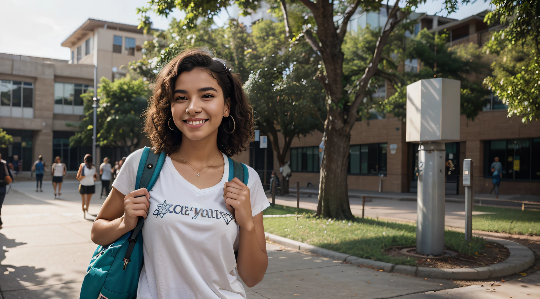 Generate an image of a Brazilian student happily strolling through a busy university campus. she is tall and slender, com um penteado afro marcante que exala um senso de individualidade. Her captivating light brown eyes sparkle with determination and curiosity.
She's dressed in a loose, blusa verde, uma cor que complementa seu sorriso radiante. She wears a practical student backpack on her back, symbolizing your academic dedication. Enquanto ela caminha, She carries a stack of graphite-covered books in one hand, showcasing your passion for literature, And she holds a modern set of wireless earbuds around her neck.
This distinguished student embodies the spirit of a cheerful, Estudante apaixonada por livros com seu penteado afro, as you confidently navigate the lively atmosphere of the university campus.