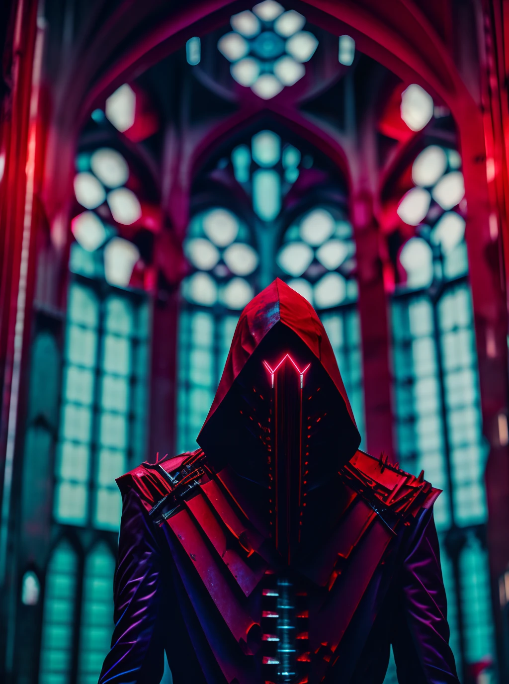 gloomy portrait of Bloody carnage from Marvel with intricate angular cybernetic implants inside a brutalist building, gothic brutalist cathedral, cyberpunk, award-winning photo, bokeh, neon lights, cybernetic limb