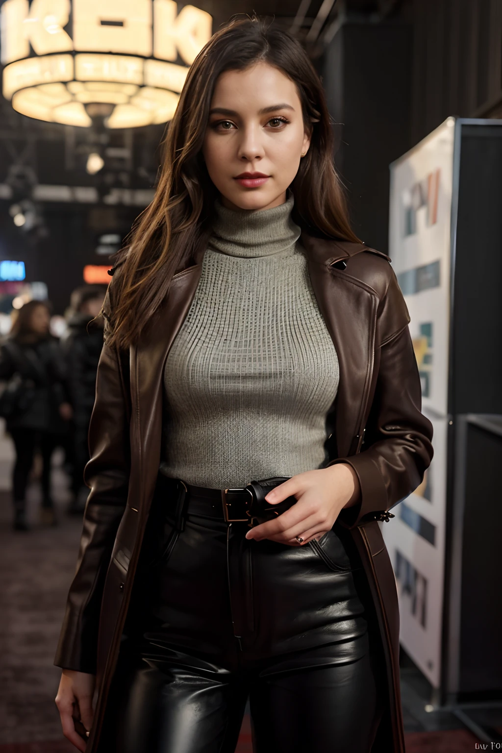 photo of (yv0nn3:0.99), a woman as a movie star, modelshoot style, (extremely detailed CG unity 8k wallpaper), photo of the most beautiful artwork in the world, professional majestic oil painting by Ed Blinkey, Atey Ghailan, Studio Ghibli, by Jeremy Mann, Greg Manchess, Antonio Moro, trending on ArtStation, trending on CGSociety, Intricate, High Detail, Sharp focus, dramatic, photorealistic painting art by midjourney and greg rutkowski, (long brown coat), (turtleneck), ((comicon event)), (leather trousers), ((standing on the red carpet)), ((paparazzi in the background)), (looking at viewer), (detailed pupils:1.3), (modern outfit:1.2), (closeup), red lips, (eye shadow)
