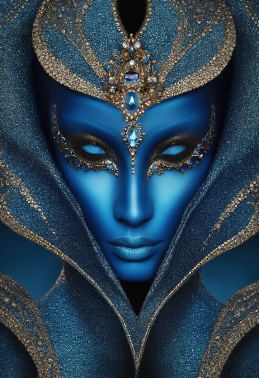 Blue Alien large and slightly elongated head, olhos pretos, queixo pequeno boca pequena e naris pequeno