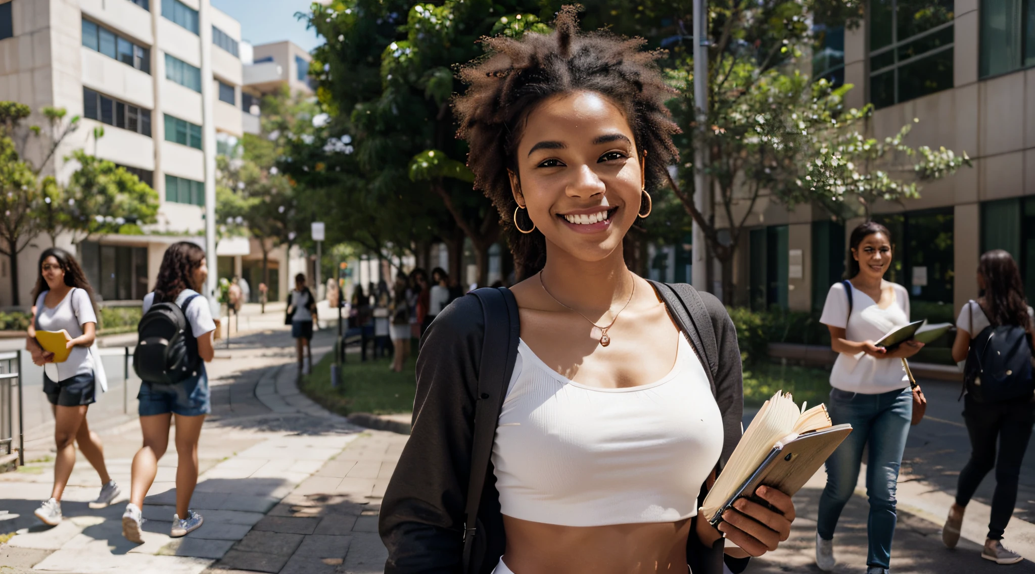 Generate an image of a Brazilian student happily strolling through a busy university campus. she is tall and slender, com um penteado afro marcante que exala um senso de individualidade. Her captivating light brown eyes sparkle with determination and curiosity.

She's dressed in a loose, blusa verde, uma cor que complementa seu sorriso radiante. She wears a practical student backpack on her back, symbolizing your academic dedication. Enquanto ela caminha, She carries a stack of graphite-covered books in one hand, showcasing your passion for literature, And she holds a modern set of wireless earbuds around her neck.

This distinguished student embodies the spirit of a cheerful, Estudante apaixonada por livros com seu penteado afro, while confidently navigating the lively atmosphere of the university campus.