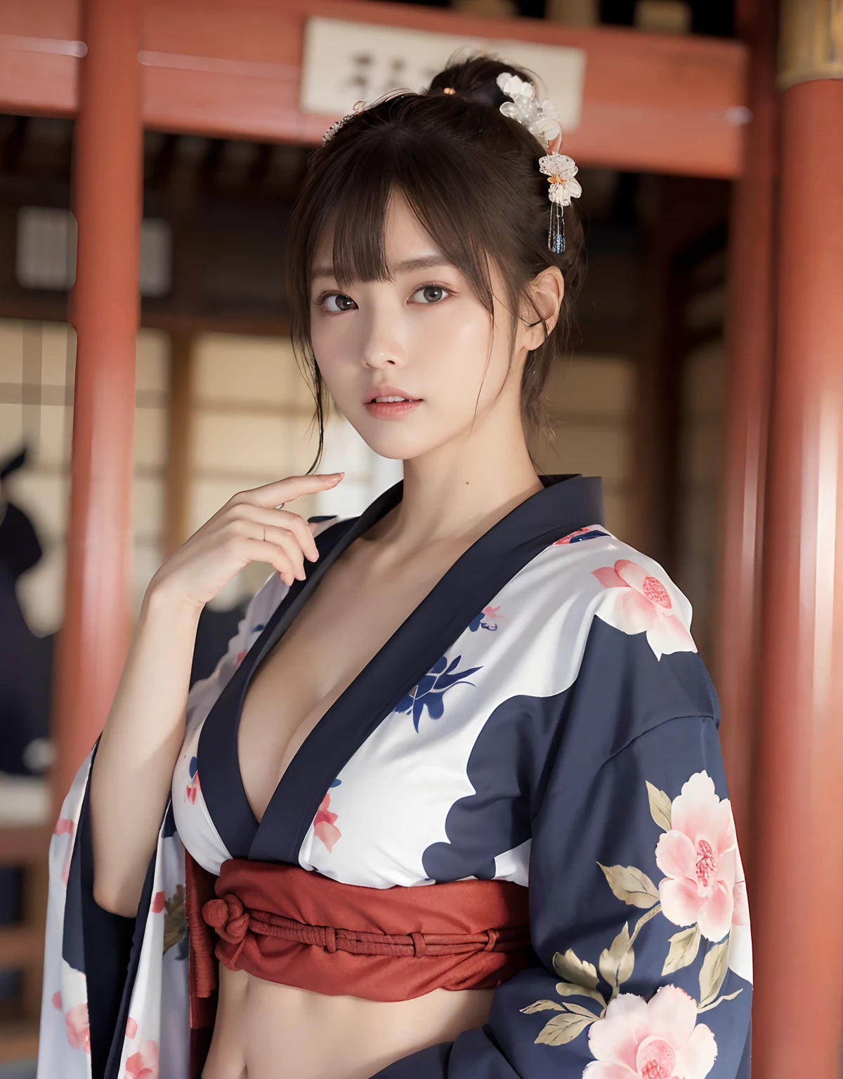 (top-quality、8K、32K、​masterpiece、超A high resolution、nffsw:1.3)、(Japan idol:1.3)、1girl in、(Colossal tits:1.25)、(short-hair)、abdominals、the perfect body、((Takan Ninja)), Delicate facial features, Ultra-realistic, Hyper-realistic, 鎖骨、Shadow、octan render、(((Mystical expression))),((Wear a beautiful kimono with a high degree of exposure)),hyperdetailed face、Detailed lips、finely eye、二重まぶた、(魅惑的)、((agitation:1.5))、maikurobikini、((Navel))、Armpit、、Details of complex ornaments、Japan details、highly intricate detail、Realistic light、CGSoation Trends、((Female ninja)),Kunoichi Ninja、Throw shurikens、Japan holding a sword、Mystical expression、shrine background、Old Town of Japan、((heavy breasts)),(((Fierce battles with ninjas))),(((Toostock))),highcontrast、(((Full Body Angle))),Colorful kimono、