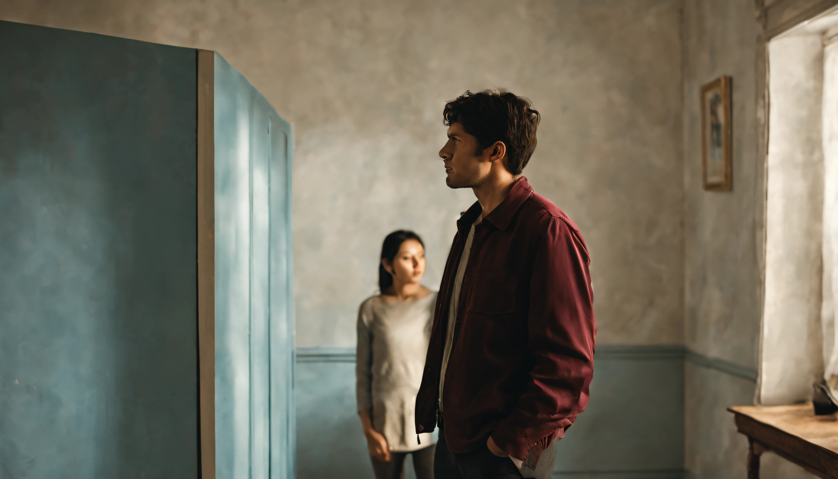 Create a high-resolution image of friends who are in conflict, capturing the tension between them. The scene should depict two individuals in a dimly lit room, their body language reflecting the discord and frustration between them. Their expressions should convey a sense of strain and disagreement. The color palette should emphasize tension, with subdued and contrasting shades of deep red and cool blue, while the lighting should cast dramatic shadows, intensifying the unease in the room. The composition should highlight the strained relationship and the emotional distance between the friends, Photography, low-key lighting, --ar 16:9 --v 5.