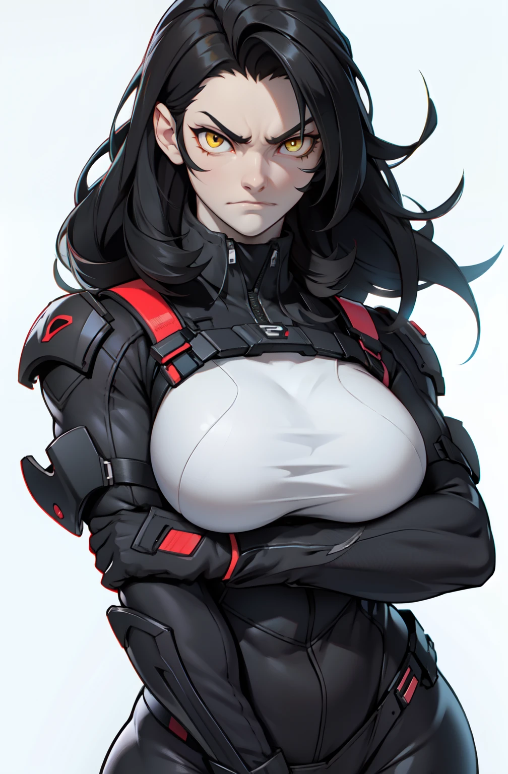 muscular girl huge breasts yellow eyes black hair pale skin frowning