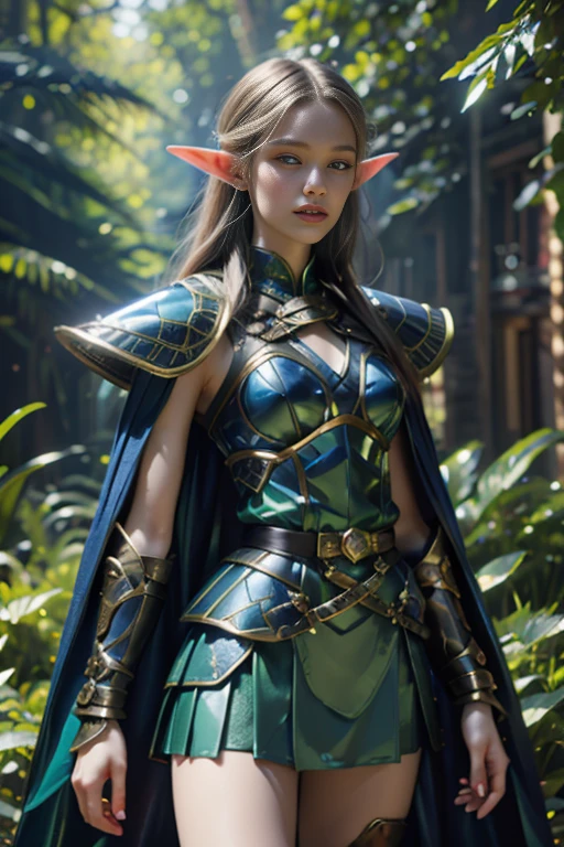 Photorealistic image ((Masterpiece)), ((high quality)) UHD 8K, of a beautiful girl, Viking elf warrior, slim, tall, (Long elf ears), (medium chest), (skinny waist), (Hair long blonde ), (deep blue eyes), ((green Leather armor with short green skirt and intricate details, Various belts at waist)), (Arrow holster at waist), ((fur cape)), (on the forest), Natural lighting , professional DSLR camera