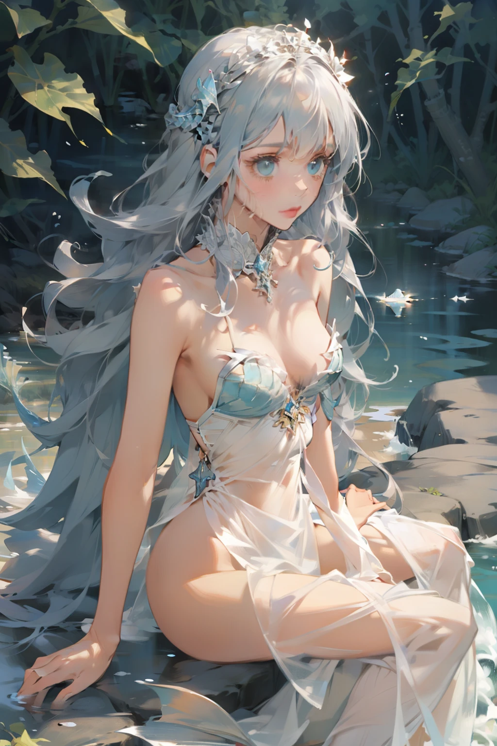 1 girl, adult, beautiful, long silver hair, small breasts, quiet, water, mermaid, fish fins on head, transparent fish scales, river, mystical