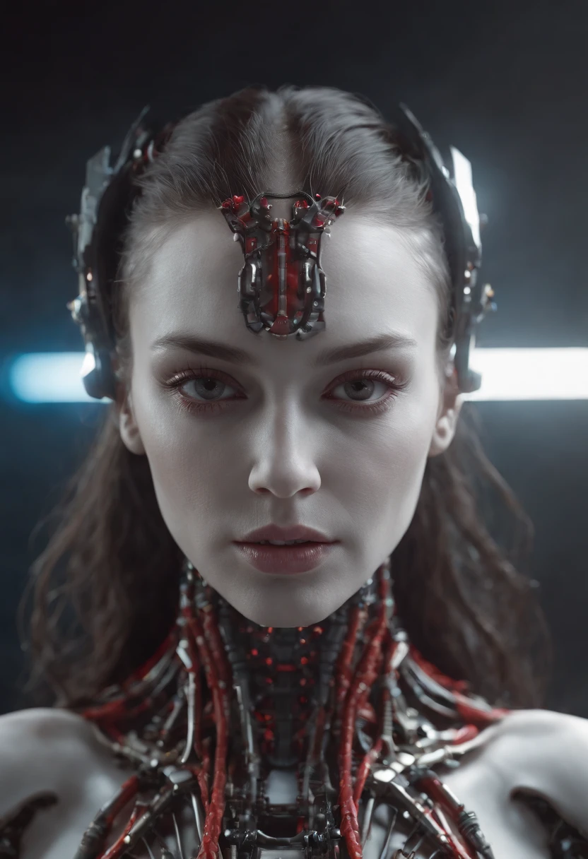 complex 3d render ultra detailed beautiful death angel, biomechanical cyborg, analog 150 mm lens, beautiful natural soft rim light, neon vein, roots, fine foliage lace, colorful details, Boris Bidjan Saberi outfit, pearl earrings, piercing, art nouveau fashion embroidered, intricate details, mesh wire, mandelbrot fractal, facial muscles, cable wires, microchip, badass, hyper realistic, ultra detailed, octane render,  volumetric lighting, 8k post-production, red and white with a bit of black, detailled metalic bones, semi human, iridescent colors, Glenn Brown style, futuristic room, power of the god, high-angle shot, complex body poses