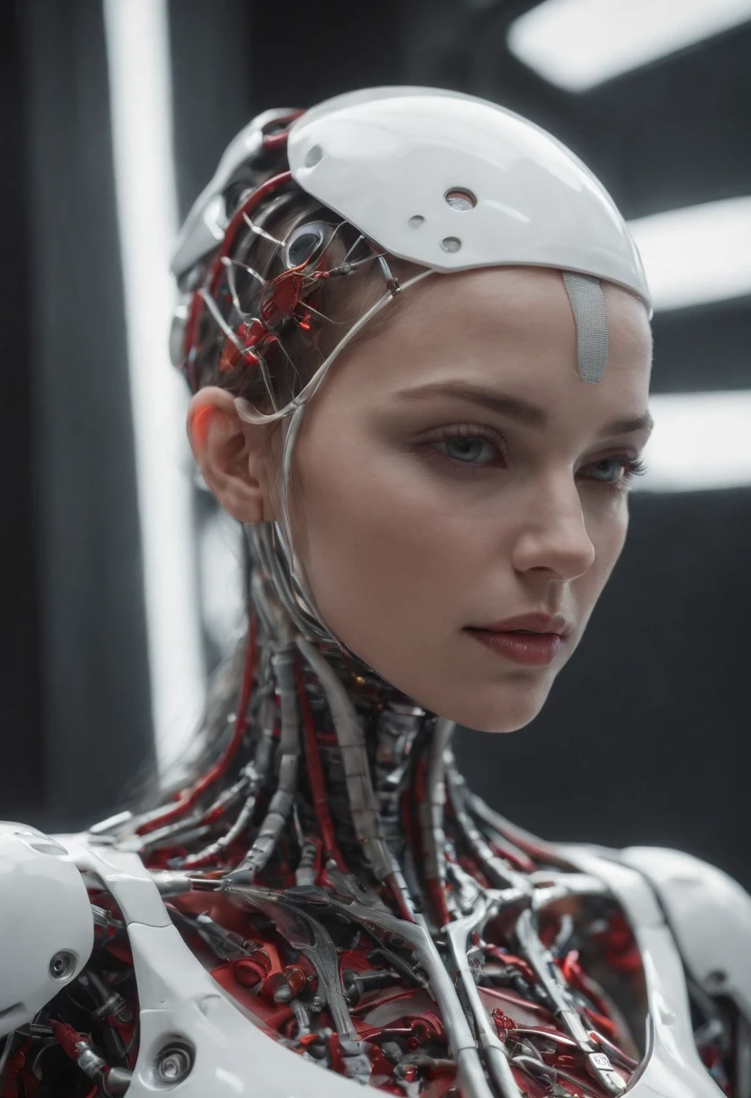 complex 3d render ultra detailed beautiful death angel, biomechanical cyborg, analog 150 mm lens, beautiful natural soft rim light, neon vein, roots, fine foliage lace, colorful details, Boris Bidjan Saberi outfit, pearl earrings, piercing, art nouveau fashion embroidered, intricate details, mesh wire, mandelbrot fractal, facial muscles, cable wires, microchip, badass, hyper realistic, ultra detailed, octane render, volumetric lighting, 8k post-production, red and white with a bit of black, detailled metalic bones, semi human, iridescent colors, Glenn Brown style, futuristic room, power of the god, high-angle shot, complex body poses