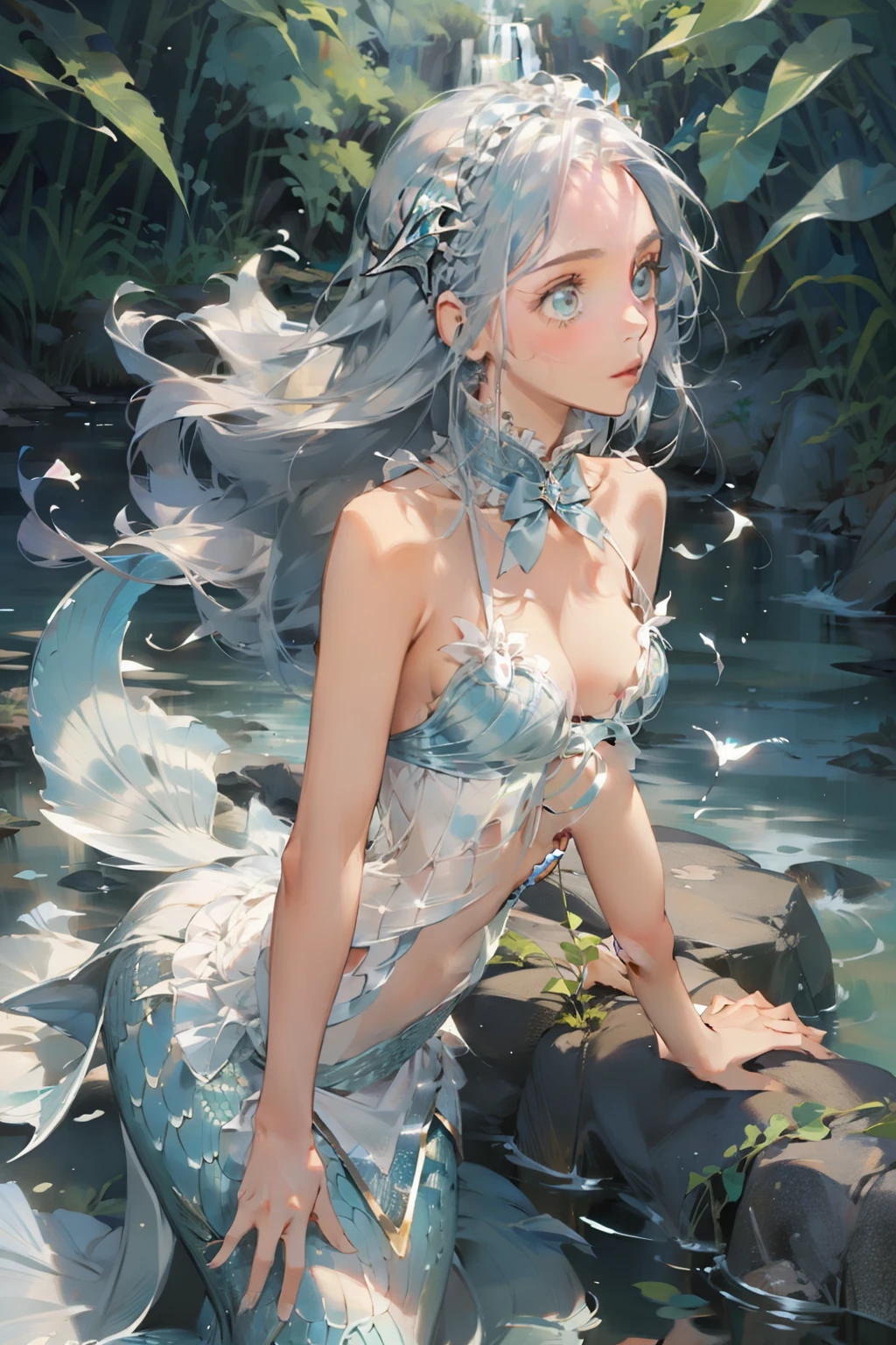1 girl, adult, long silver hair, small breasts, quiet, water, mermaid, fish fins on head, transparent fish scales, river, mystical