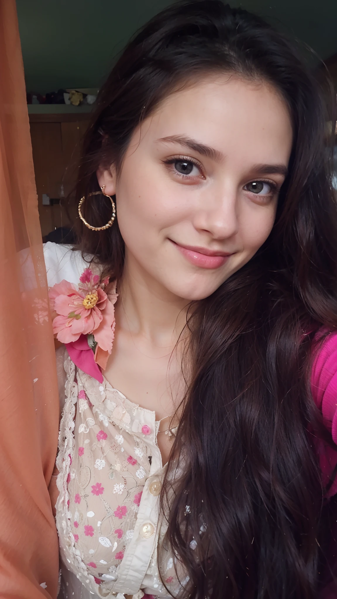 a close up of a woman with long hair wearing a pink blouse, with a beautifull smile, with lovely look, very extremely beautiful, selfie of a young woman, traditional beauty, very pretty face, with cute - fine - face, very beautiful girl, cute beautiful, lovely smile, beutiful face, very very very beautifull face, very beautiful enga style