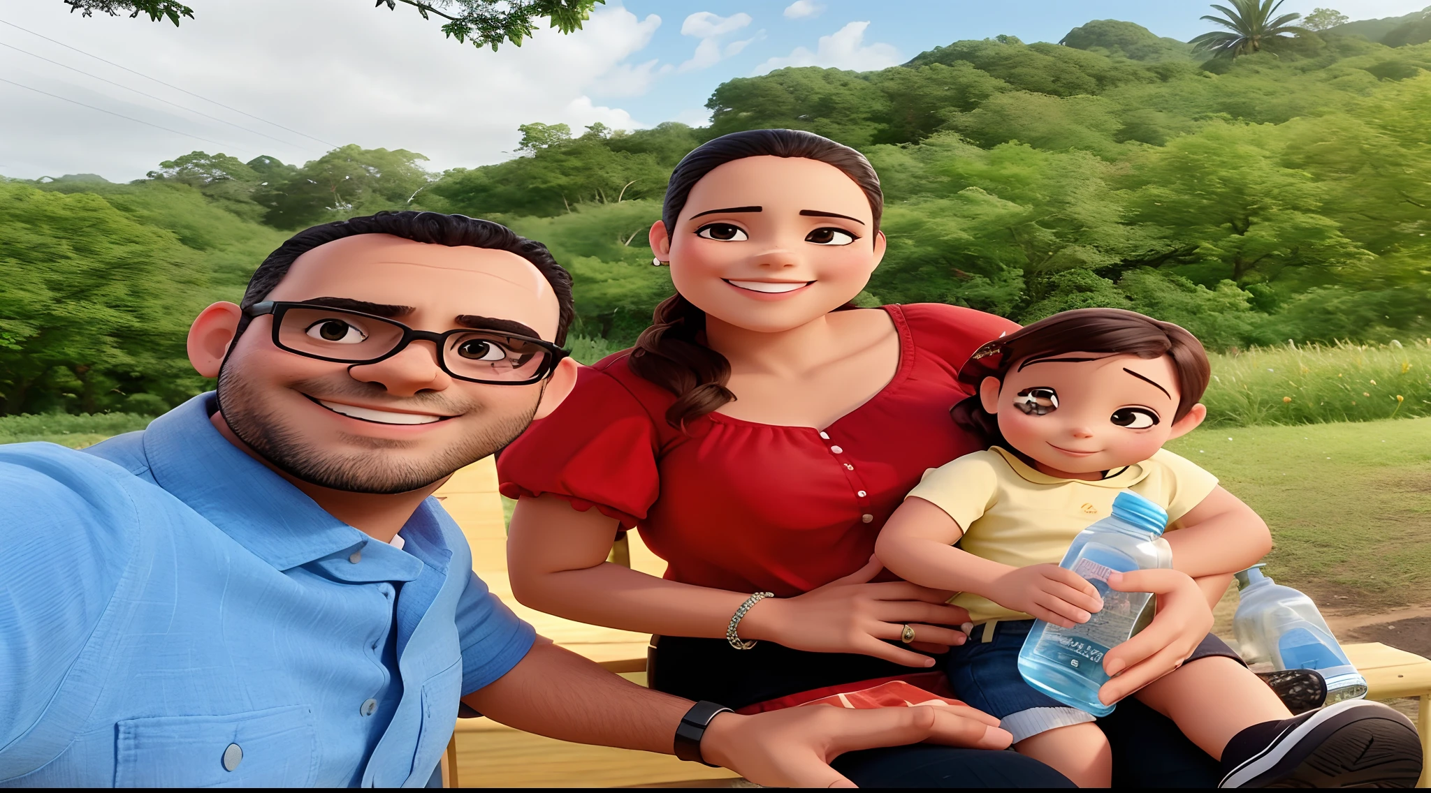 Smiling family sitting on a bench in a park with a bottle of water, no parque, marido esposa e filho, no parque em um belo dia, em um parque, com um parque ao fundo, Karla Ortiz, Parque em segundo plano, no Parque, divertindo-se, Porto Rico, com montanhas ao fundo, belos arredores