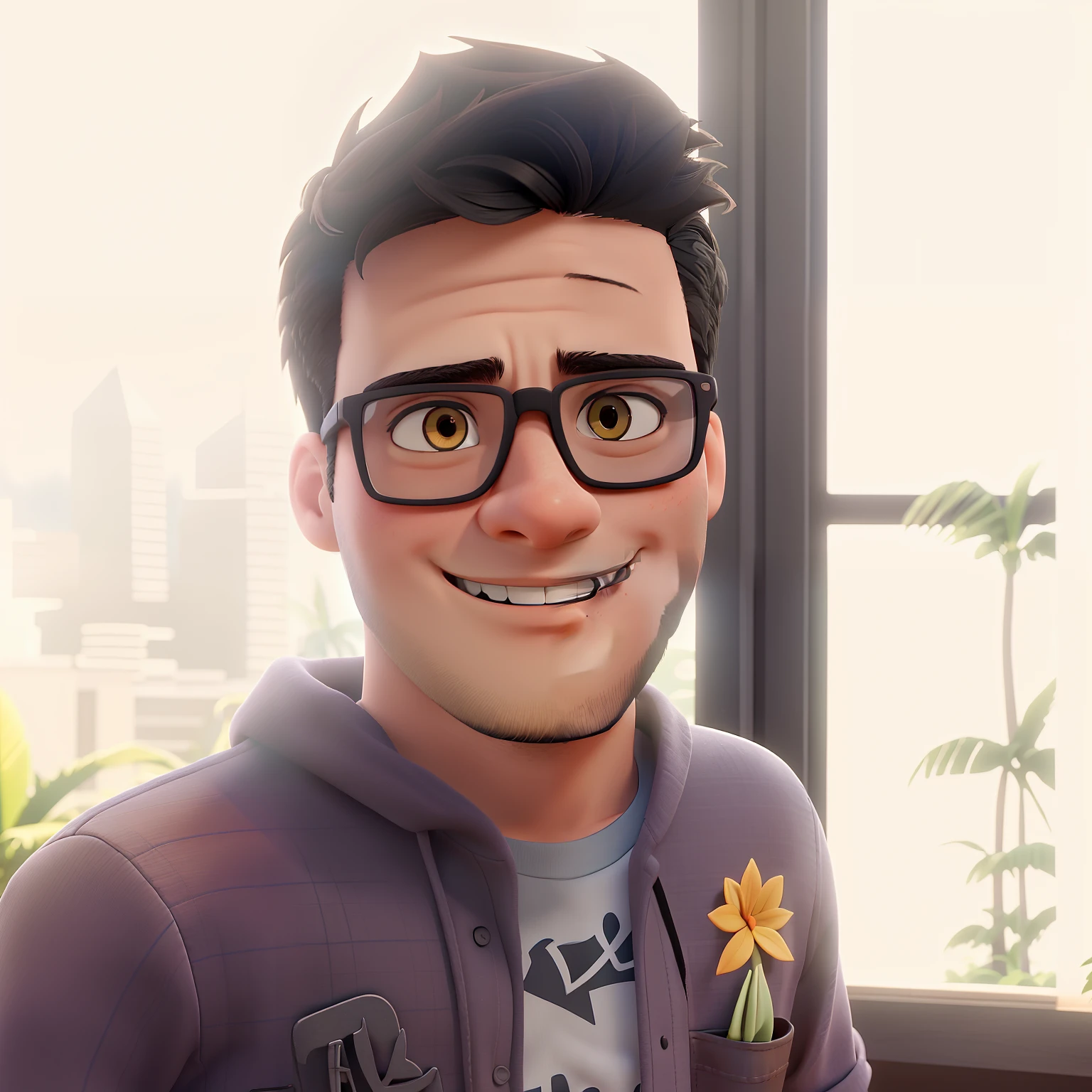 A young man standing, with short black hair, illuminated by the sun, with a tropical forest as a backdrop, with some clouds. His glasses aren't completely dark, his smile is discreet, he doesn't have a beard.
