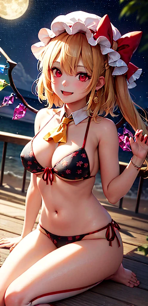 best quality, masterpiece, highres, solo, {night:1.10}, {starry sky:1.10}, beach, beautiful detailed sky, {extremely detailed background:1.20}, {flandre_scarlet_touhou:1.15}, {standing:1.10}, looking at viewer, {bikini:1.30}, blonde_hair, wings, red_eyes, crystal, bangs, hat, one_side_up, ribbon, mob_cap, bow, blush, smile, vest, white_headwear, red_vest, ascot, hair_between_eyes, red_bow, red_ribbon, upper_body, hat_ribbon, yellow_ascot, short_hair, light smile, huge breasts, cleavage