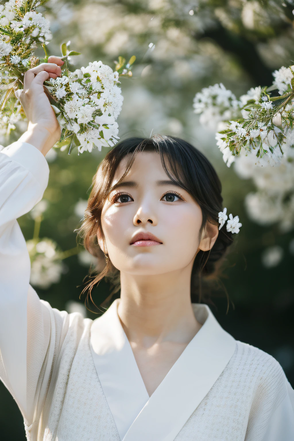 ((top-quality、8K、masuter piece:1.3))、(Beautiful, Realistic Japan),1 female、Japan's Sunny Clothes、(爆乳:1.2)、perfect anatomia、Beautiful limbs、New Year、hyperdetailed face、High detailed lips、A detailed eye、二重まぶた 、snowflakes falling、Kadomatsu、New Year's decorations、sideways Facing、look up sky、large tree、naturey、kou、a white world、