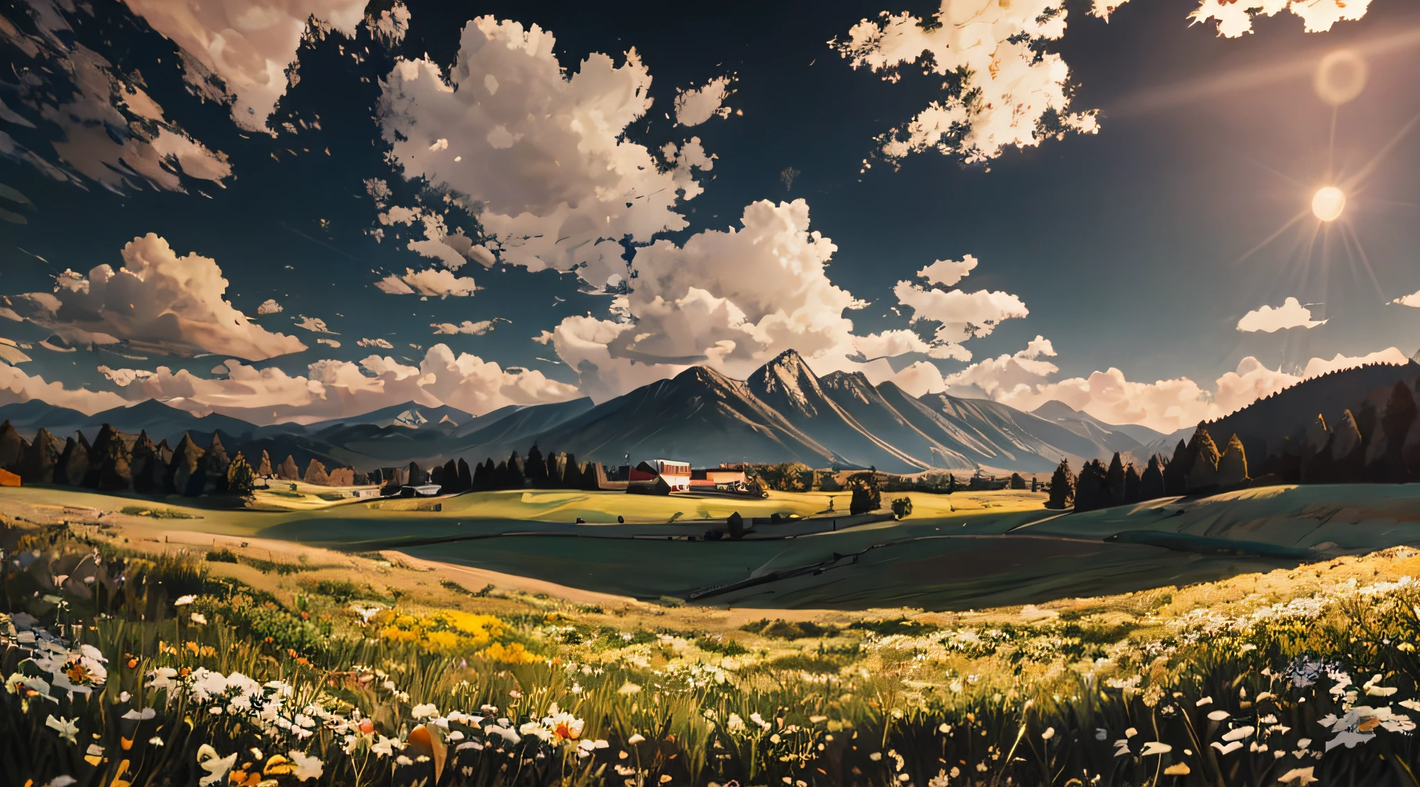 夏天, grassy fields, Some small flowers, Clear lake water, pecora, a paradise, large clouds, blue-sky, scorching weather, high definition detail, hyper-detailing, cinematic ligh, ultra-realistic realism, the soft light, Rural hut,Deep field focus bokeh, The scenery in the distance is a gentle mountain range, Ray traching, ultra-realistic realism. --v6