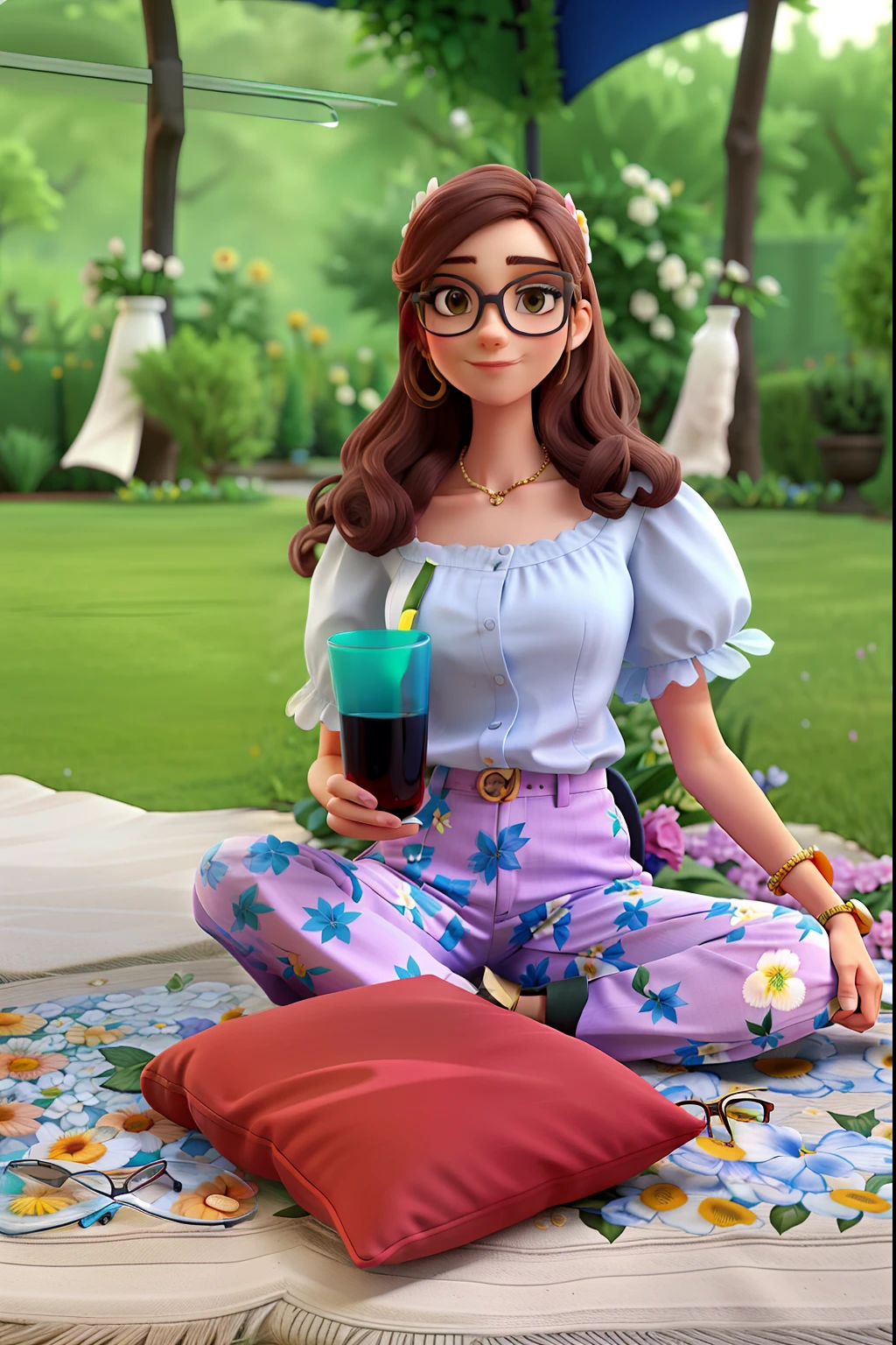 Slim, beautiful woman with glasses sitting in a garden with a glass in her hand and wearing flowery clothes