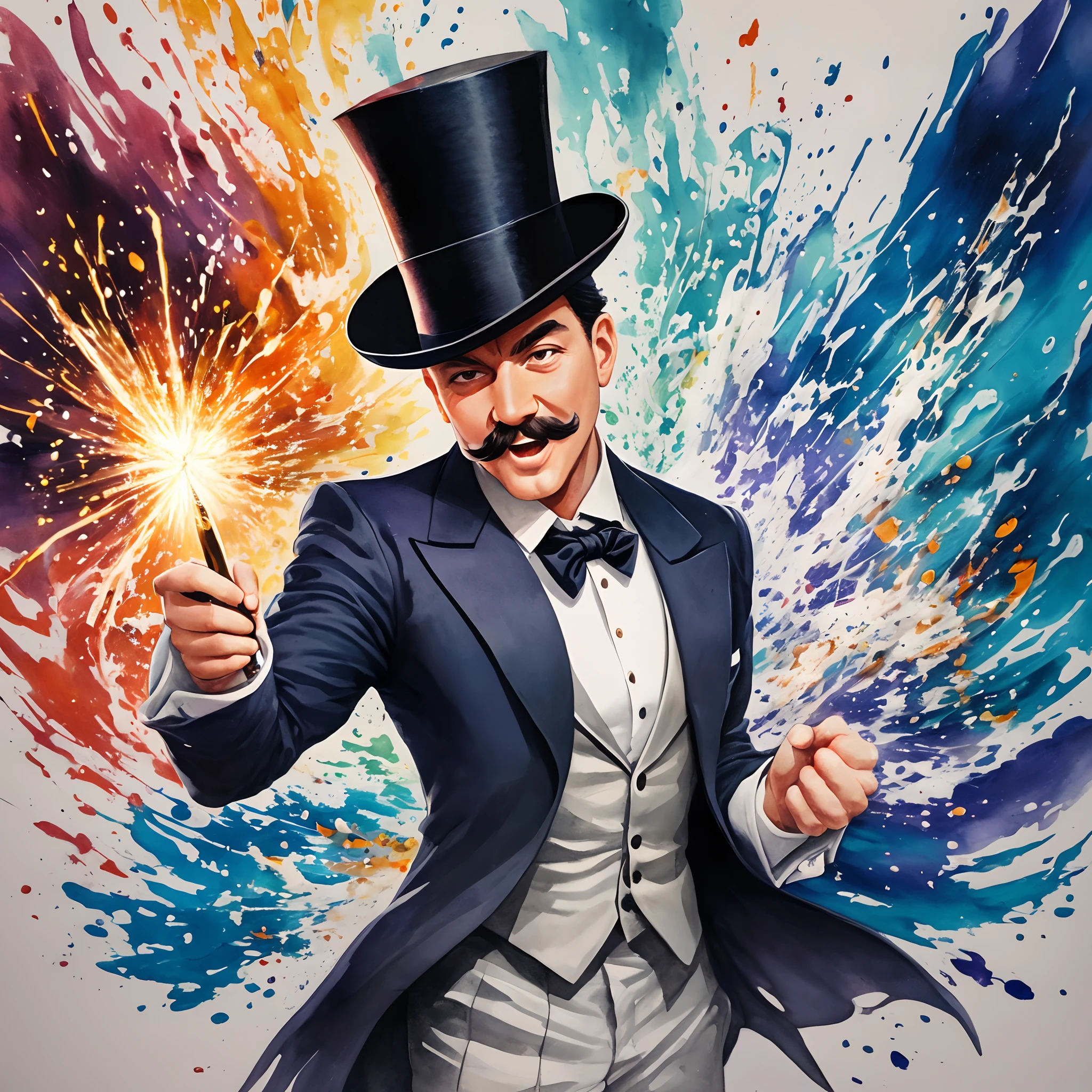 Sticker. A very dynamic scene. very cheerful pop magician in a top hat with a thin long mustache, Magic wand in hand, leaning forward in front of the camera, close-up, White background, splashes of water and sparks in all directions. oil paint, watercolor and ink --auto --s2