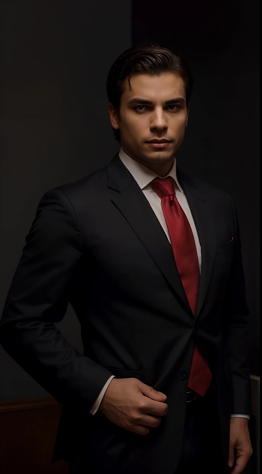 The image features an elegant man whose face does not fit into the image so that only his neck appears. The individual is dressed in a full suit, incluindo um blazer, camisa e um red tie. His hands hold the tie, in order to adjust it. The figure is framed by a black background, emphasizing the silhouette and creating a dramatic ambiance. The man is positioned in such a way as to face the viewer, com o corpo em linha, Creating a confident and authoritative posture.