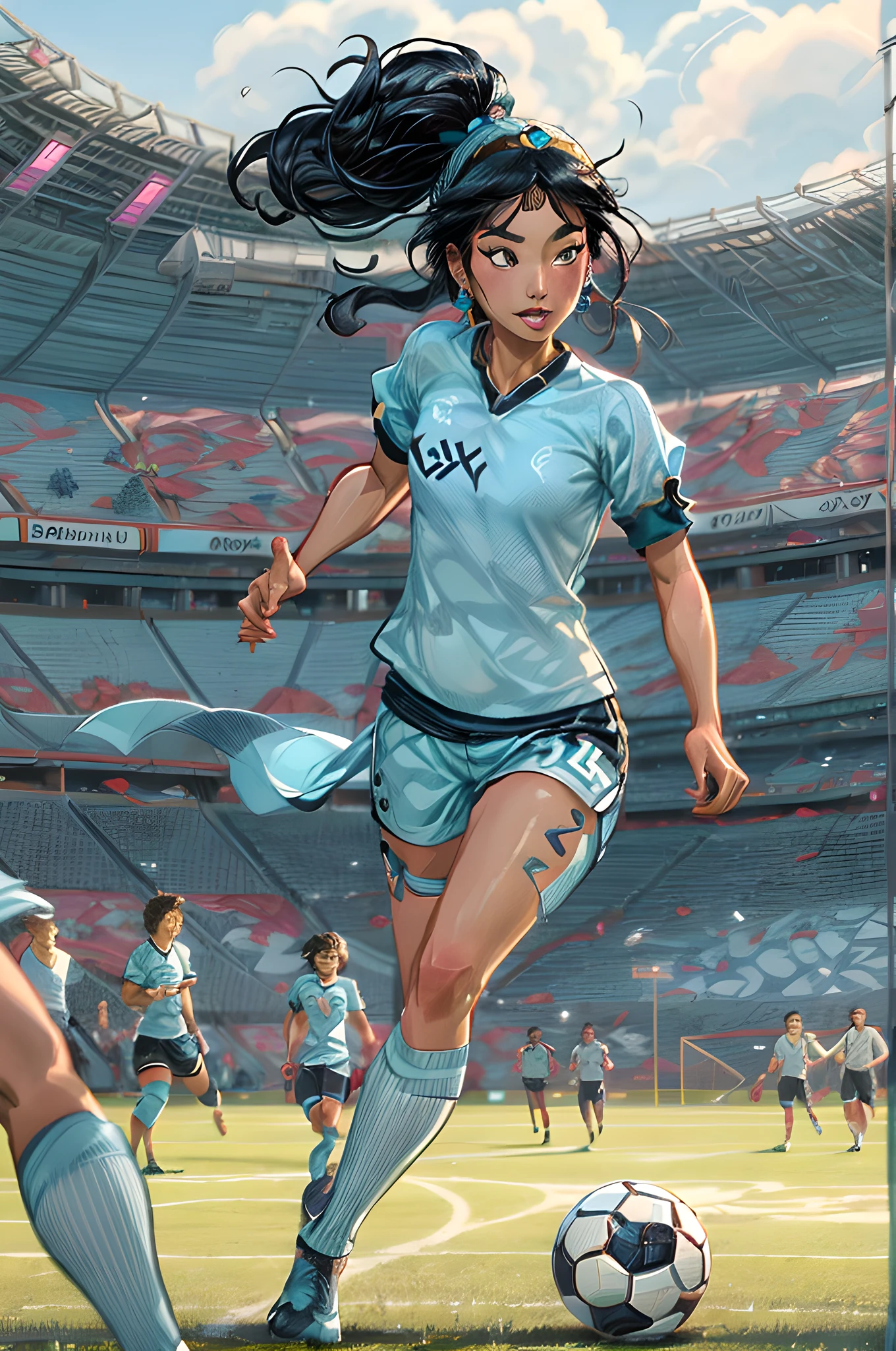 RPG art, fantasy art, a Disney Jasmine from Aladin is playing soccer, JasmineWaifu she wears light blue shirt a black pants, she wears a hair band black hair, hair in  a bun, she has the ball and runs towards the goal, modern soccer stadium background