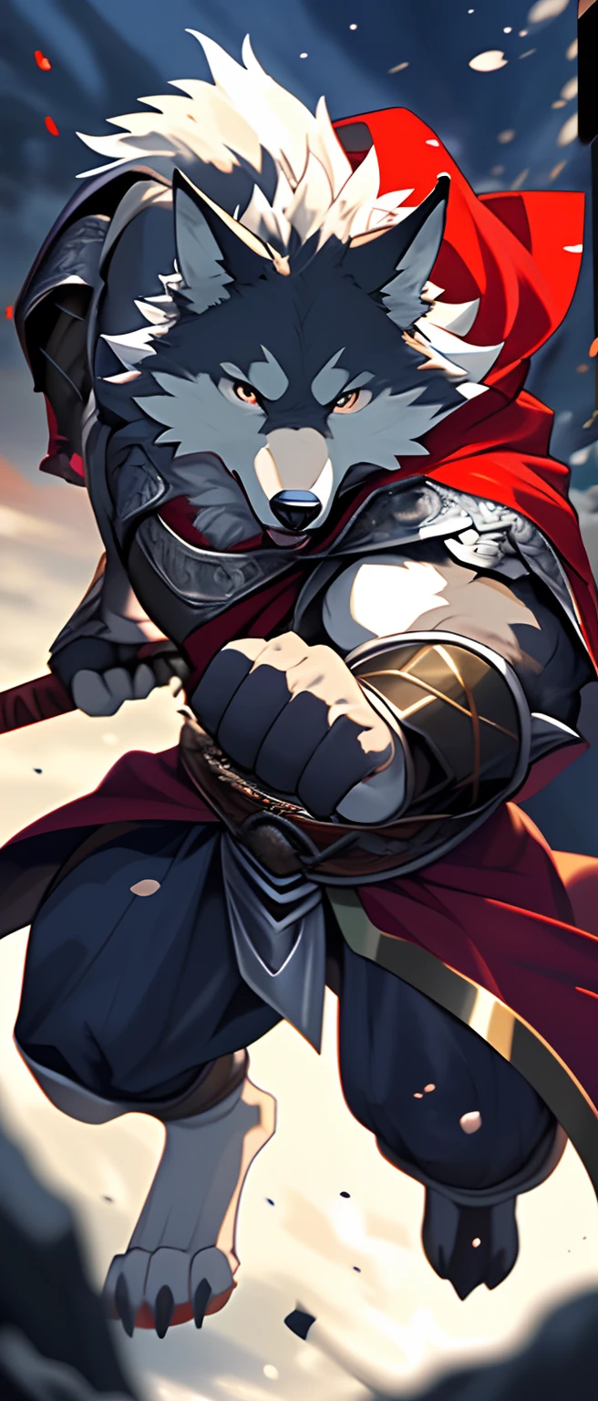 Anthro((dramatic))epic, dynamic pose, One scene of movie, An extreme perspective with a powerful composition, depth of field, motion blur, absurdres, looking at viewer, Perfect Anatomy, magnificent picture of kemono fighting fierce battles, weapon, (best quality), (masterpiece), (ultra detailed), sharp focus, niji, eyesgod, black eye, furry, light-white fur, brown fur, black beard, upper body, anthro (wolf), male, (wolf), middle-aged, gray body, white belly, tail, muscular, knight costume, long red cherry cloak, ultra detailed face, dark background