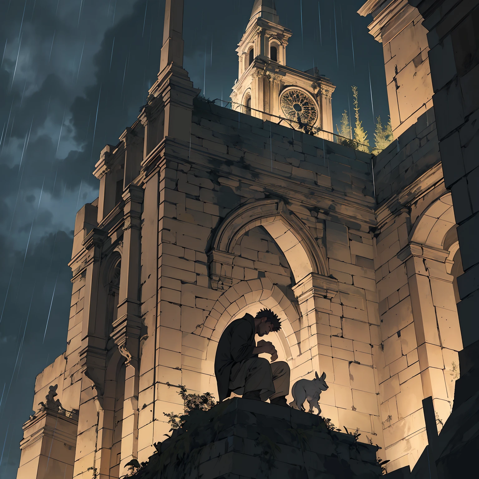 Gargola de piedra meditando en la cima del temolo notredame,hambiente tetrico,bajo la lluvia,noche oscura,rallos y truenos,en las alturas,acagchado en un saliente,dimonaco,guardian,
