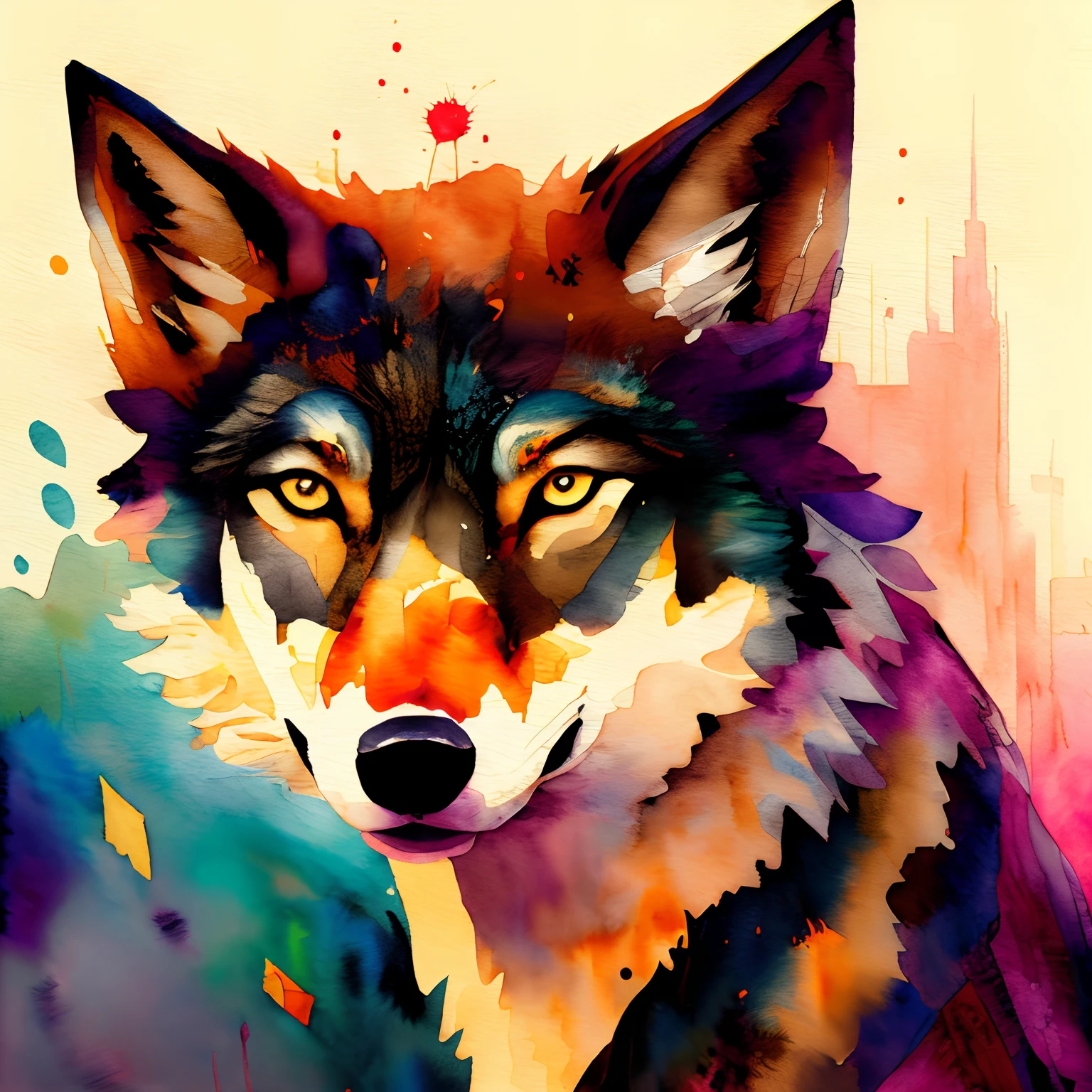 Black canvas, wtrcolor style, Digital art of a wolf, official art, masterpiece, Beautiful, ((watercolor)), paint splatter, intricate details. Highly detailed, detailed, [dripping:0.5], Trending on artstation, by Rachel Walker, looking like a real painting, centered, sideshot, animal, vibrant colours, detailed eyes, , vivid colours, real painting