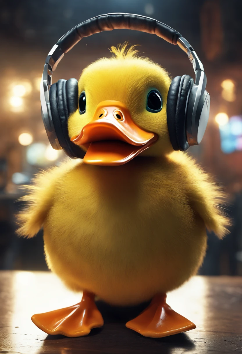 An anthropomorphic duck listening a music with headphone, wearing rockstar suit, dynamic dancing poses, bald, fat, neon lights room, detailed face and eyes, perfect anatomy, natural skin, perfect object, happy expression, ambient lighting, raw photo, ultra detailed, realistic photo, highly texture, full frame photo shot, wide composition angle, masterpiece composition, ultra hd, 8k, depth of field, sharp focus, emitting diodes, smoke, sparks, racks, by pascal blanche rutkowski repin artstation hyperrealism concept of detailed character design, 4 k resolution