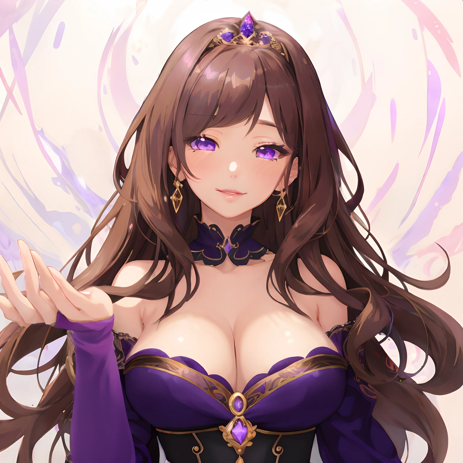 anime girl with long brown hair wearing purple dress and purple gloves, ayaka genshin impact, beautiful alluring anime woman, seductive anime girl, alluring mesmer woman, extremely detailed artgerm, beautiful anime woman, detailed digital anime art, ((a beautiful fantasy empress)), keqing from genshin impact, portrait knights of zodiac girl, beautiful anime girl