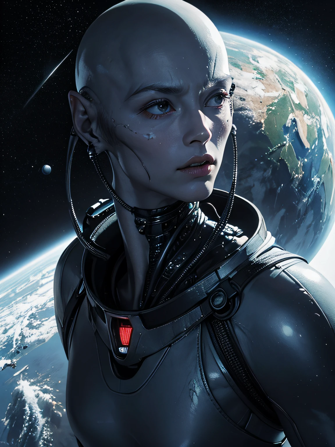 (Best quality, masterpiece: 1,1), Fantastic view of a  alien non-humanoid, emotions on the face, entourage of a space alien alien base, hyperrealistic, insanely detailed, 8k